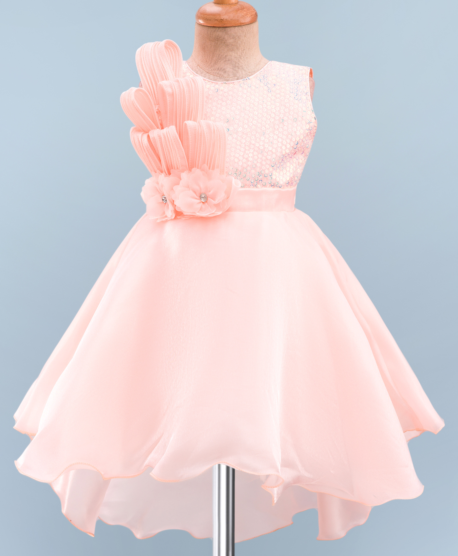 Enfance Sleeveless Sequin & Stone Embellished Floral Applique Detailed Knee Length High Low Dress - Peach-picture-14