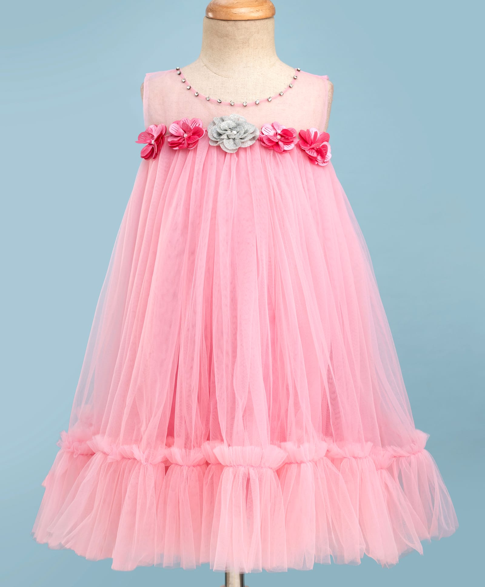 blabber sleeveless floral applique detailed & rhinestone embellished knee length dress - dark pink