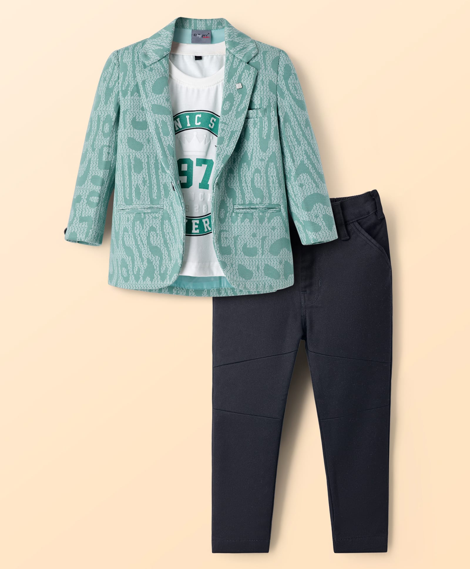 Dapper Dudes Full Sleeves Abstract Printed Blazer With Tee & Pant Set - Green-picture-14