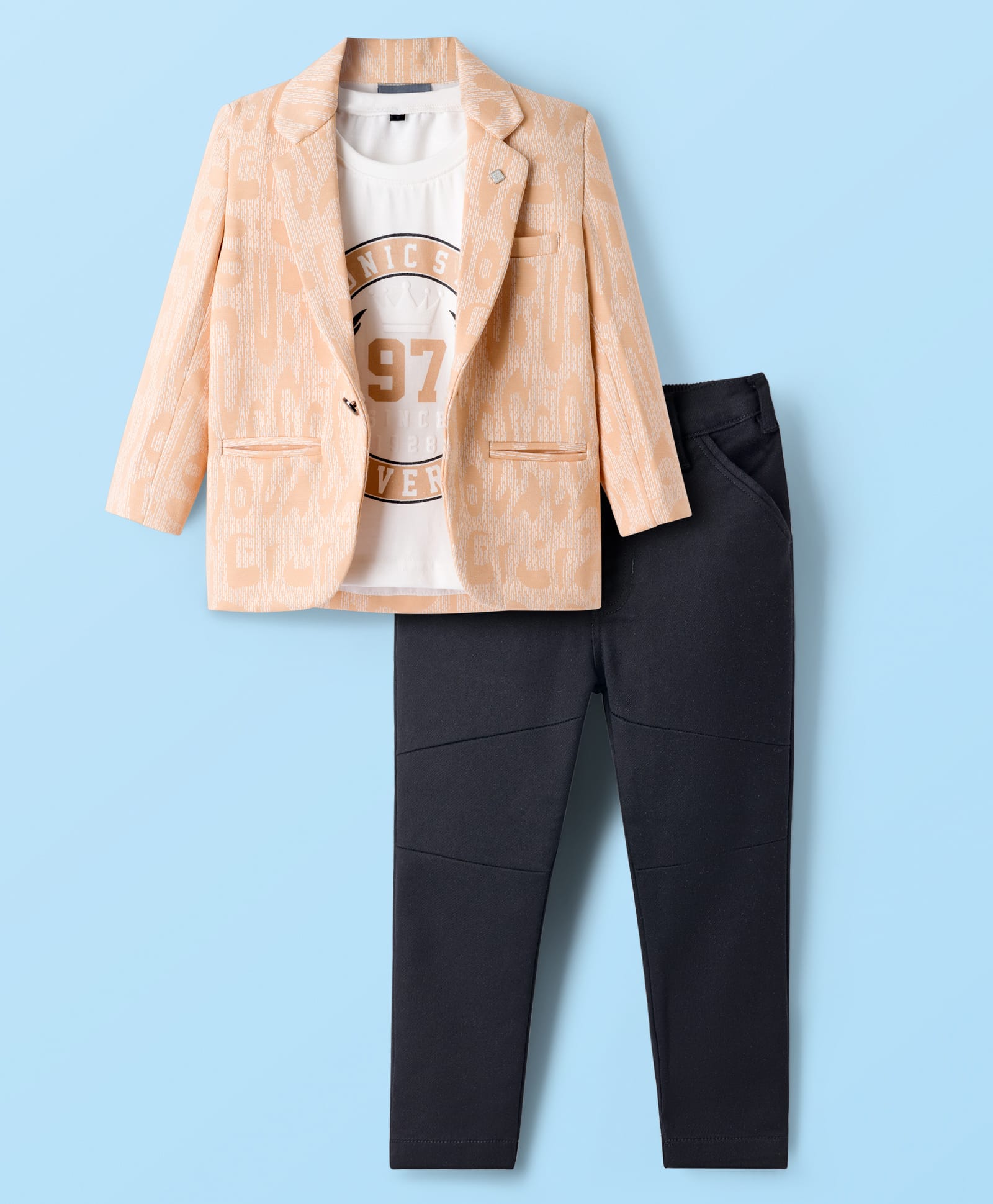 Dapper Dudes Full Sleeves Abstract Printed Blazer With Tee & Pant Set - Fawn-picture-26