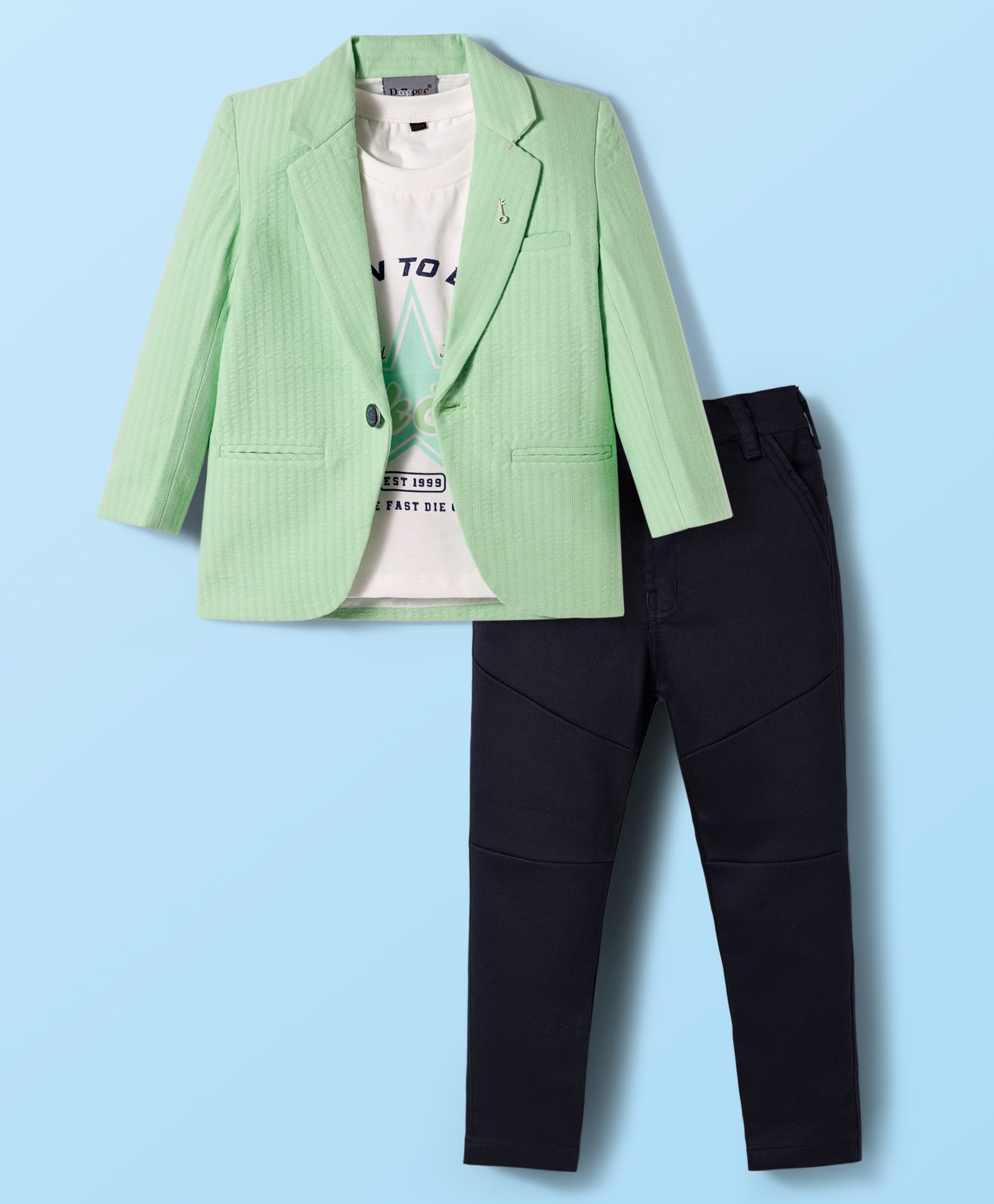 Dapper Dudes Full Sleeves Textured Blazer With Tee & Pant Set - Green-image-43