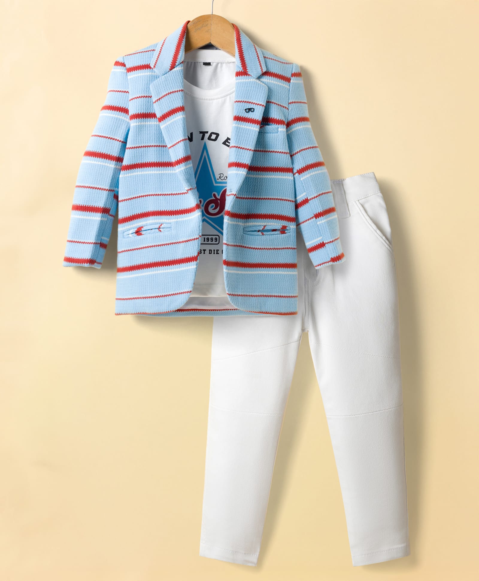 Dapper Dudes Full Sleeves Striped Blazer With Tee & Pant Set - Blue-image-29