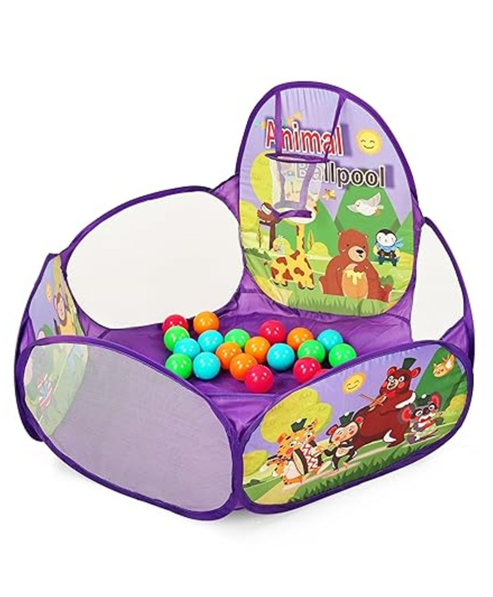 Babygo Kids Ball Pool Tent with Basketball Hoop | Playhouse for Toddlers, Boys & Girls 2+ Years | Foldable, Portable, Lightweight Play Tent with 20 Balls (Yellow, Animal Theme)-picture-49