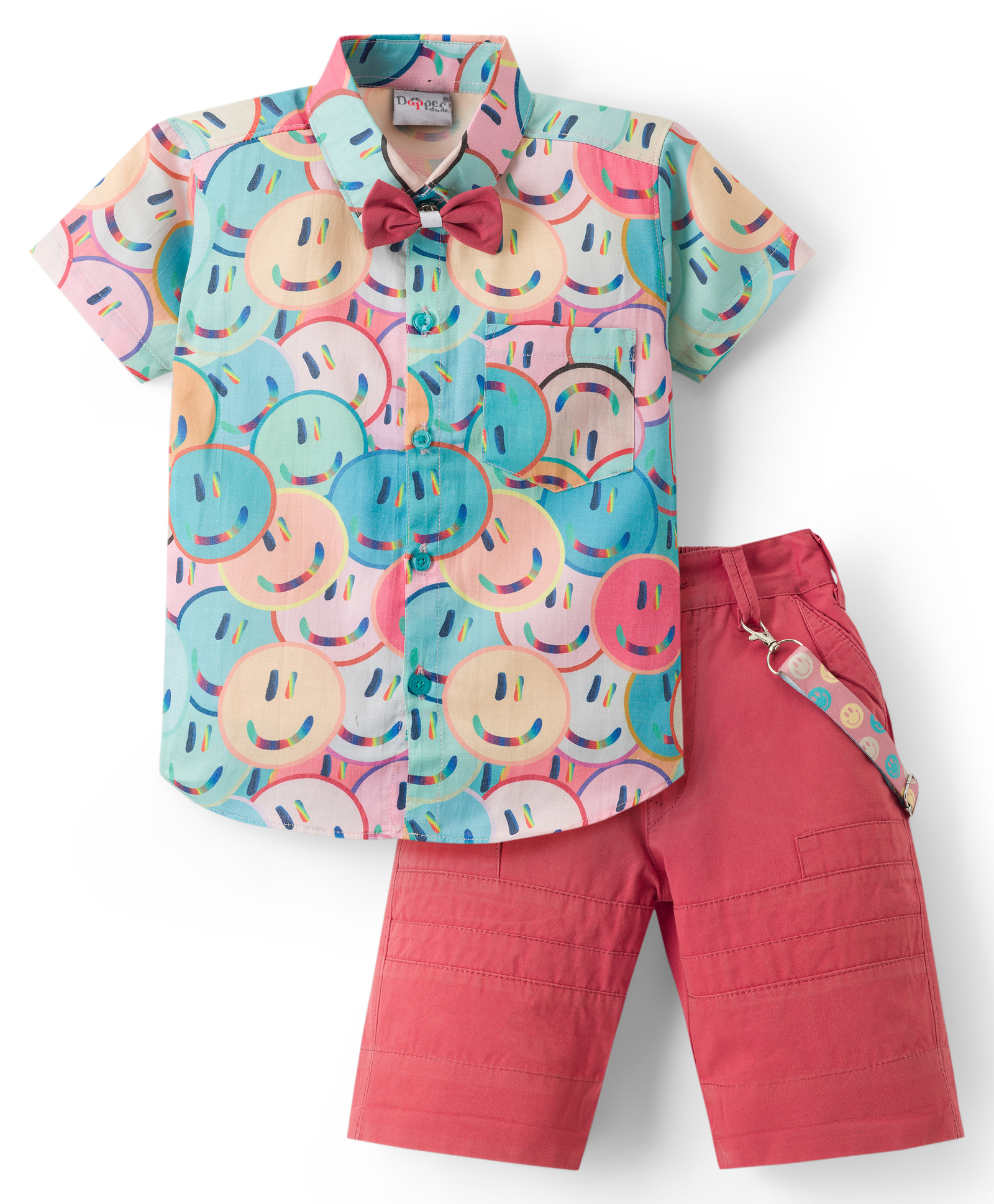 Dapper Dudes Half Sleeves Smiley Printed Shirt & Shorts Set With Bow & Suspender - Pink-image-25