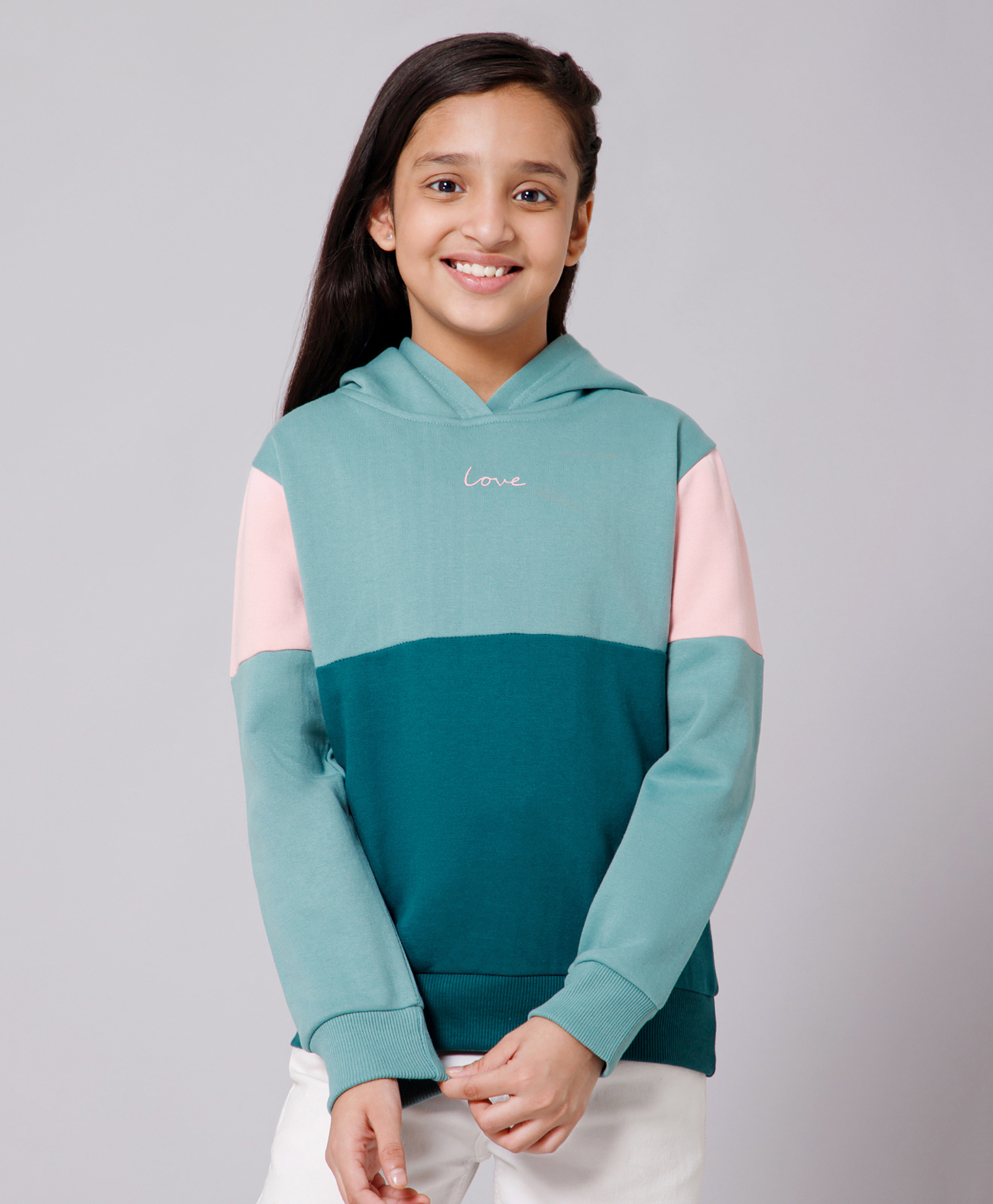 ALAN JONES Cotton Blend Knit Full Sleeves Cut & Sew Light Winter Hooded Sweatshirt - Turquoise & Pink-picture-13