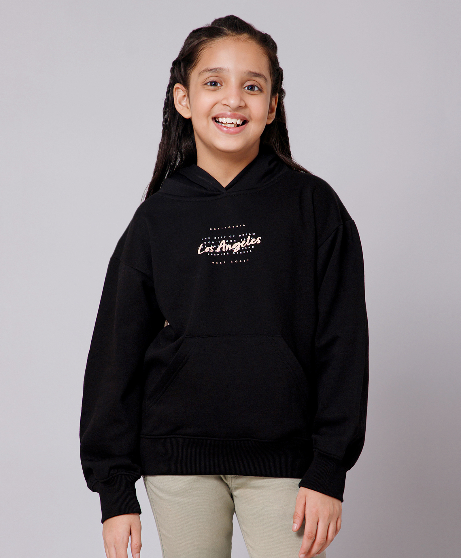 ALAN JONES Cotton Blend Knit Full Sleeves Los Angeles Text Printed Light Winter Oversized Hoodie - Black-picture-29