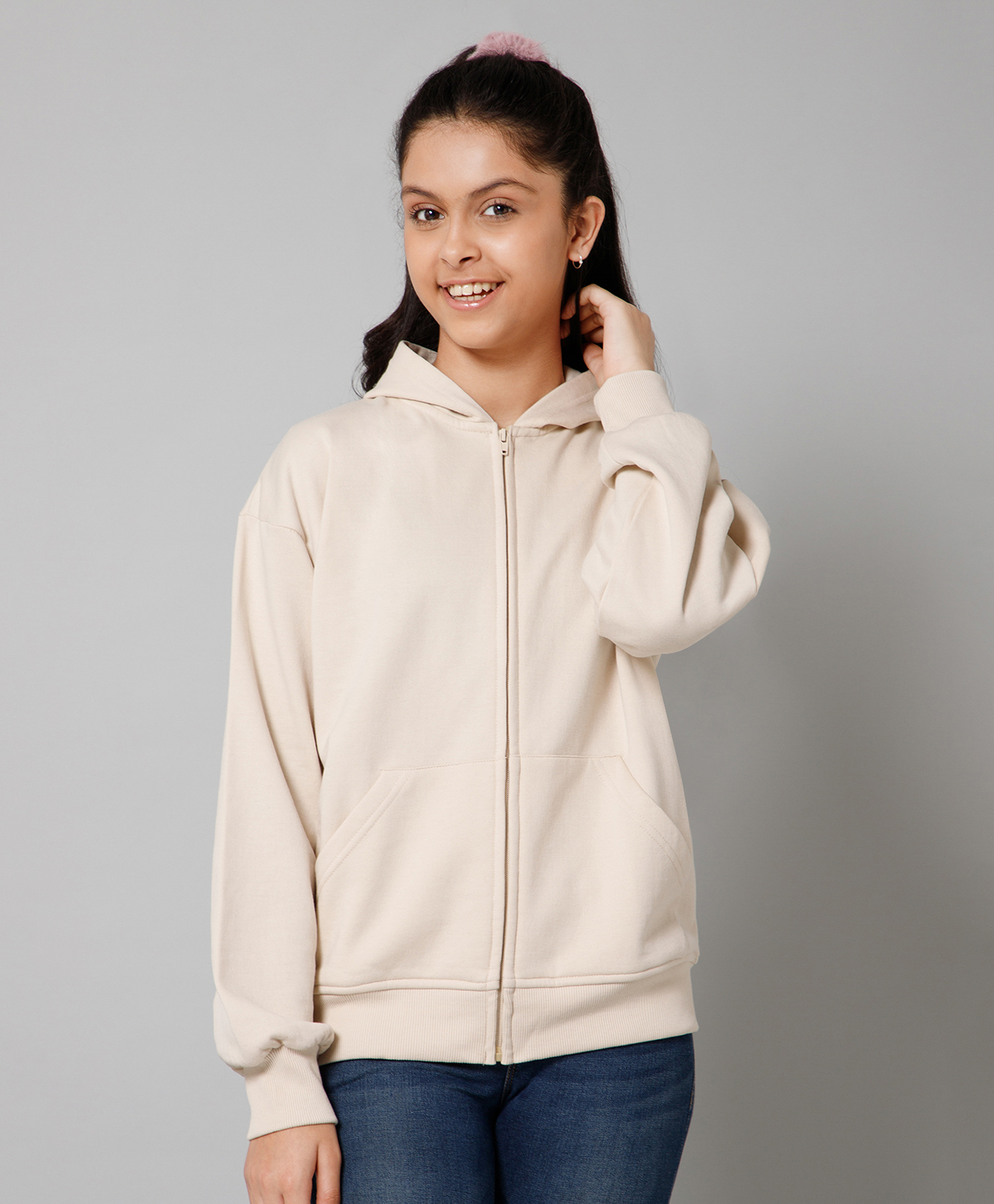 ALAN JONES Cotton Blend Knit Full Sleeves Solid Light Winter Oversized Hooded Sweatjacket - Light Beige-picture-35