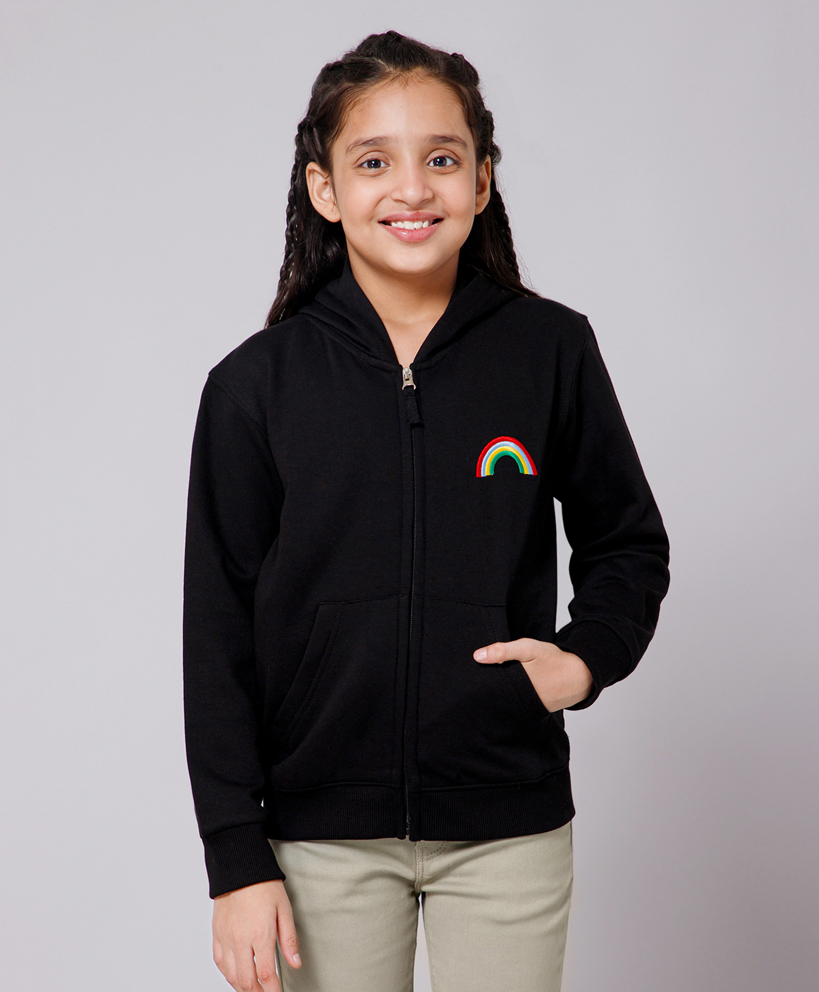 ALAN JONES Cotton Blend Knit Full Sleeves Rainbow Embroidered Light Winter Hooded Sweatjacket - Black-image-48