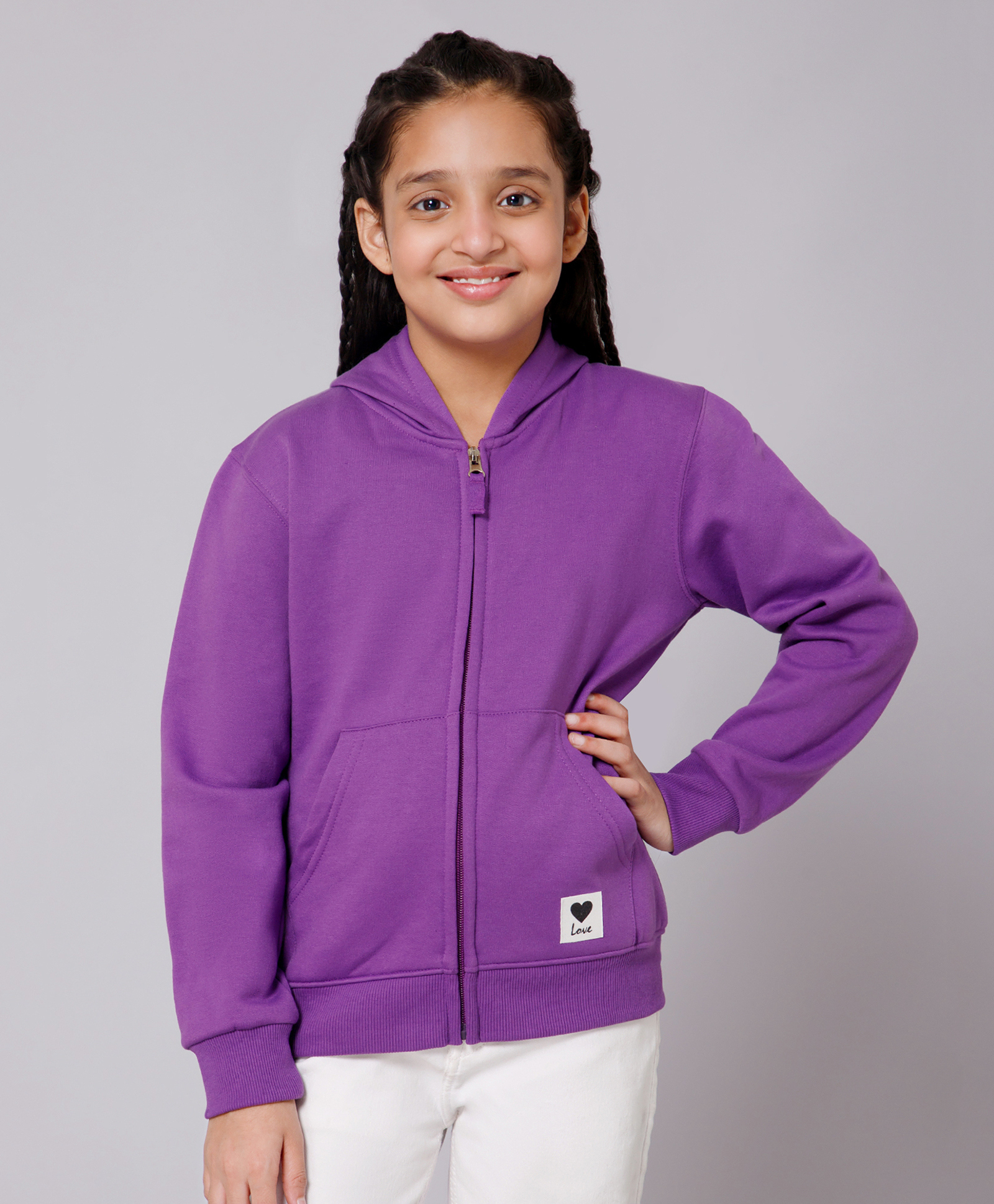 ALAN JONES Cotton Blend Knit Full Sleeves Love Text Patch Detailed Hooded Zipper Light Winter Sweatjacket - Purple-picture-18