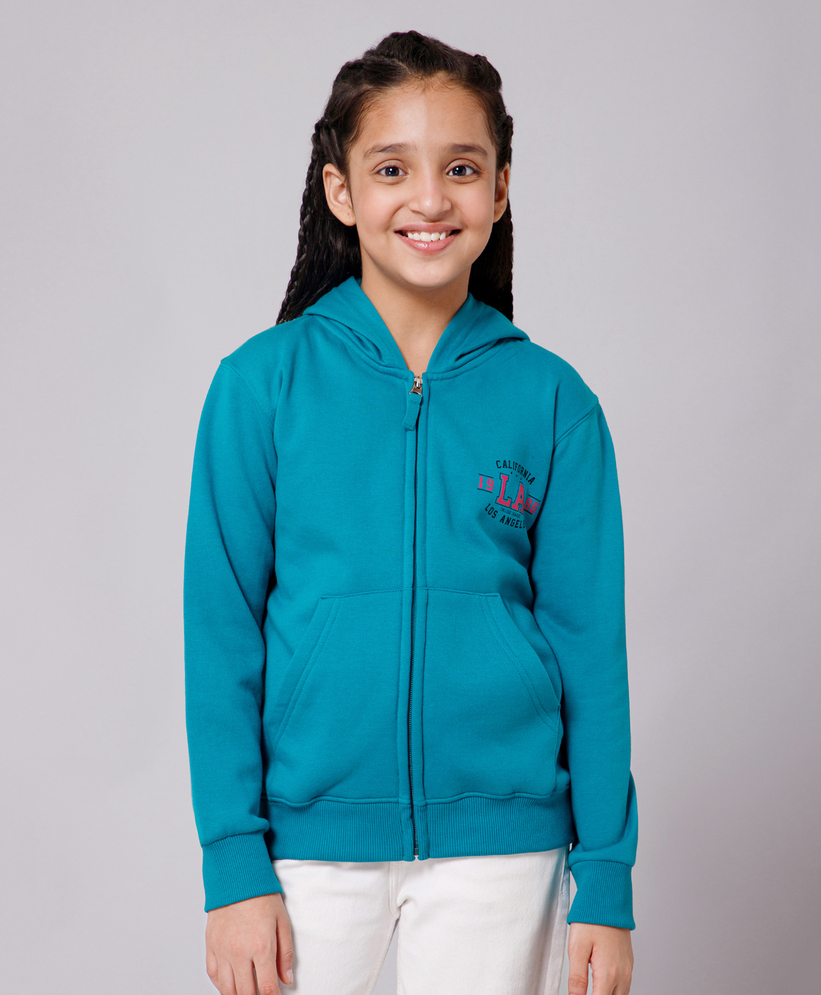 ALAN JONES Cotton Blend Knit Full Sleeves California Text Printed Hooded Zipper Light Winter Sweatjacket - Dark Turquoise