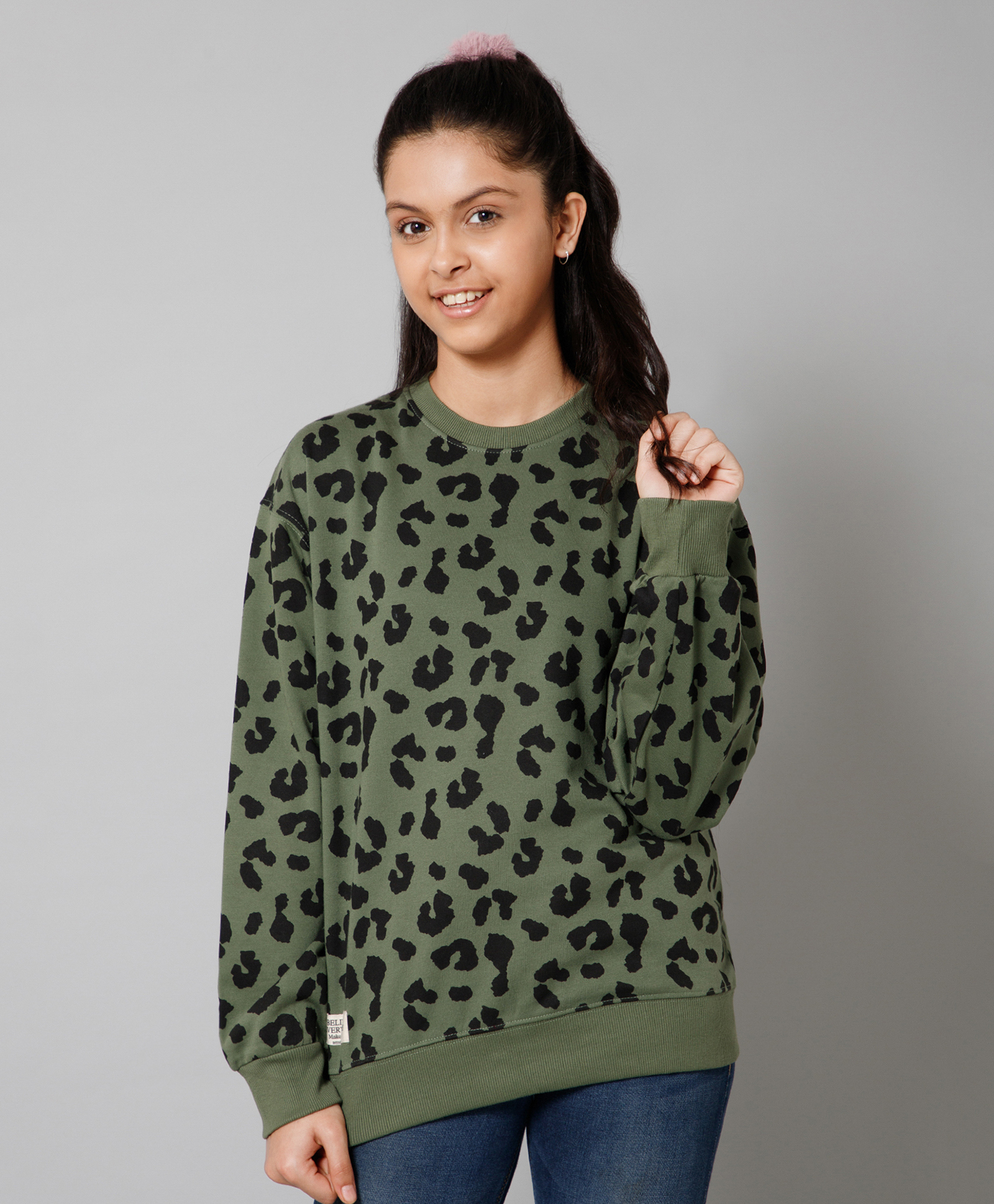 ALAN JONES Cotton Blend Knit Full Sleeves Leopard Printed Oversized Light Winter Sweatshirt - Khaki Green-picture-33