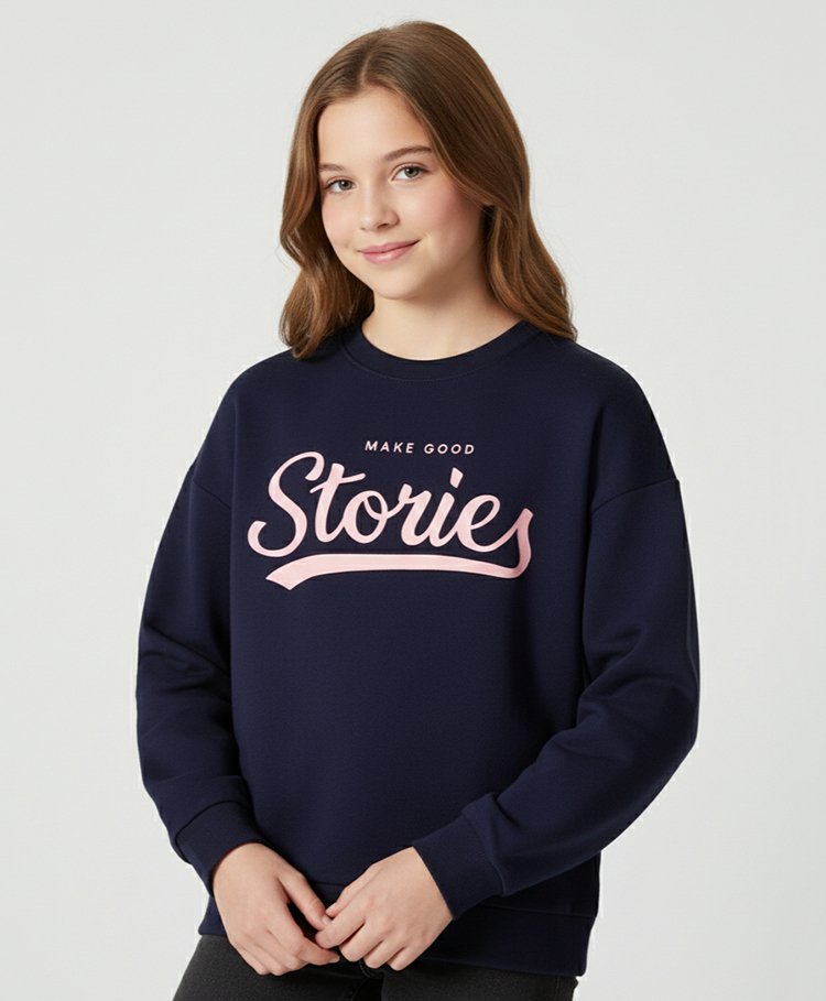ALAN JONES Cotton Blend Knit Full Sleeves Make Good Stories Text Printed Light Winter Sweatshirt - Navy Blue-image-16