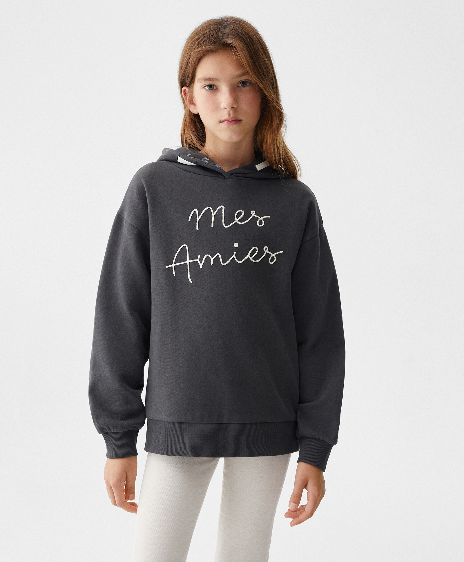 ALAN JONES Cotton Blend Knit Full Drop Shoulder Sleeves Mes Amies Text Printed Light Winter Hoodie - Charcoal-image-49