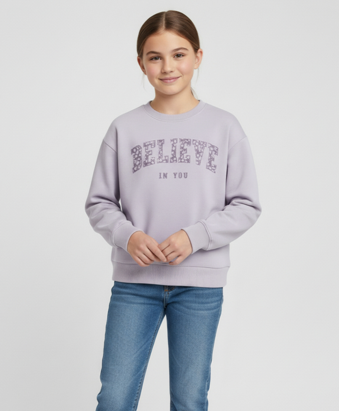 ALAN JONES Cotton Blend Knit Full Drop Shoulder Sleeves Believe In You Text Printed Light Winter Hoodie - Lavender-image-15