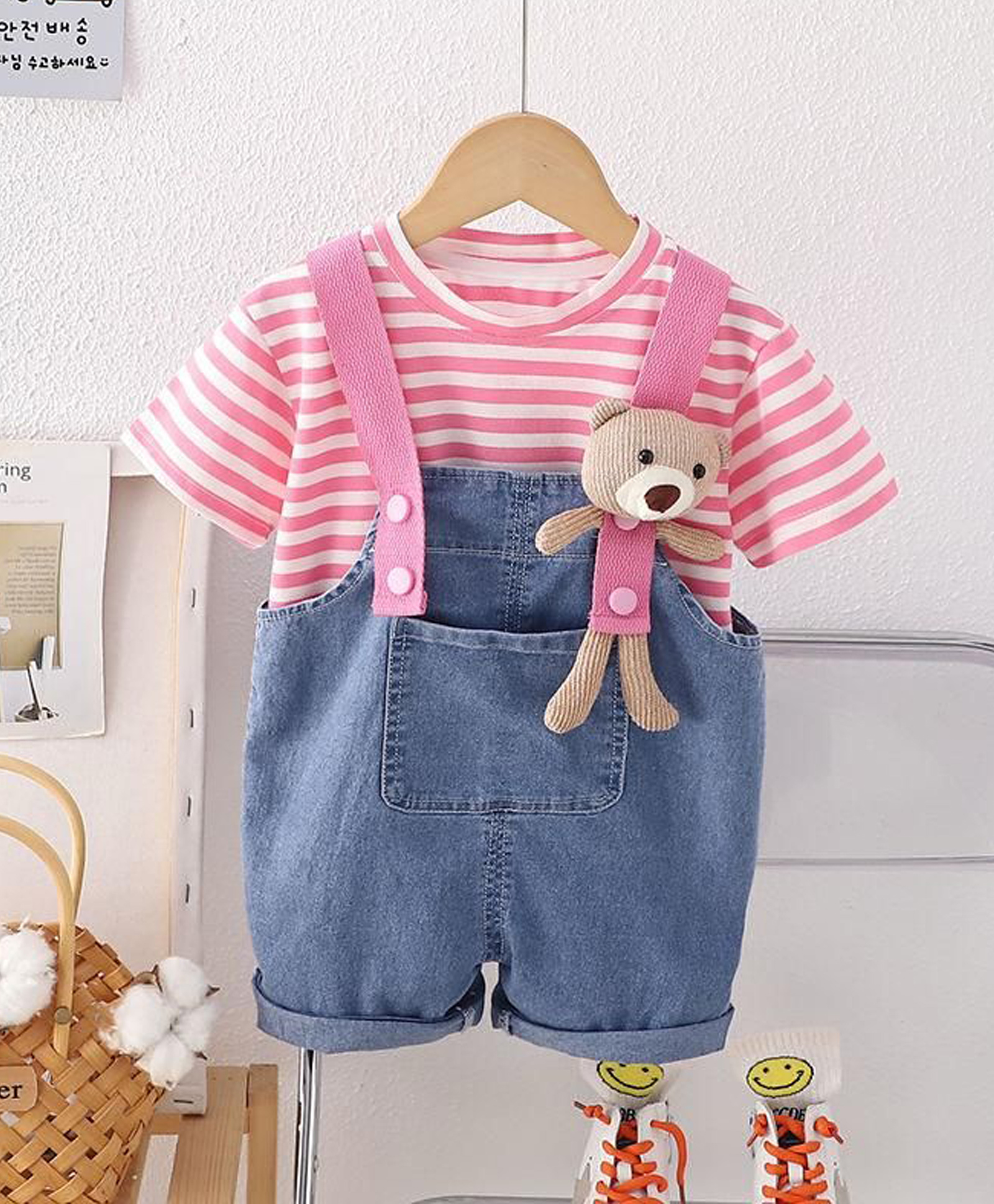 POP STREET KIDS Cotton Knit Teddy Bear Applique Detailed Dungaree With Half Sleeves Striped Tee - Pink