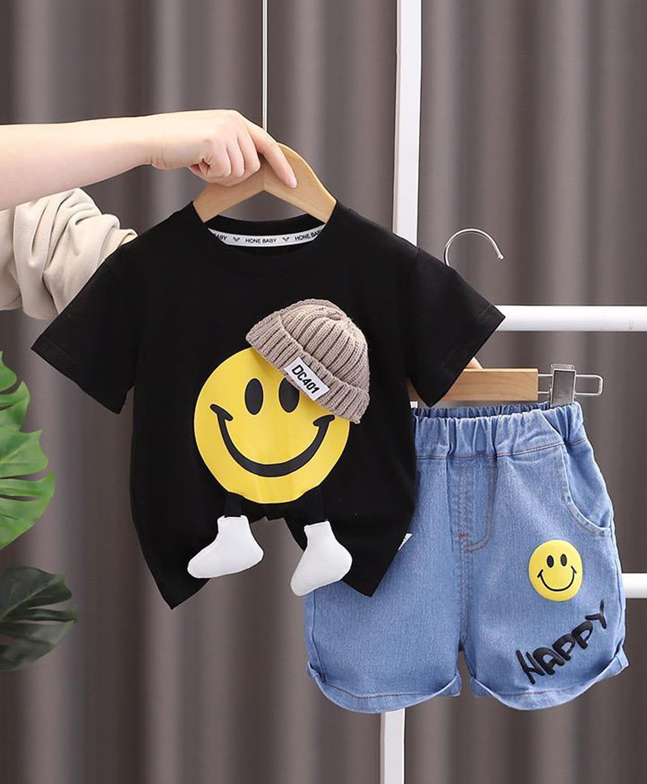 POP STREET KIDS Cotton Knit Half Sleeves Smiley Face Printed Tee With Shorts Set - Black-picture-27