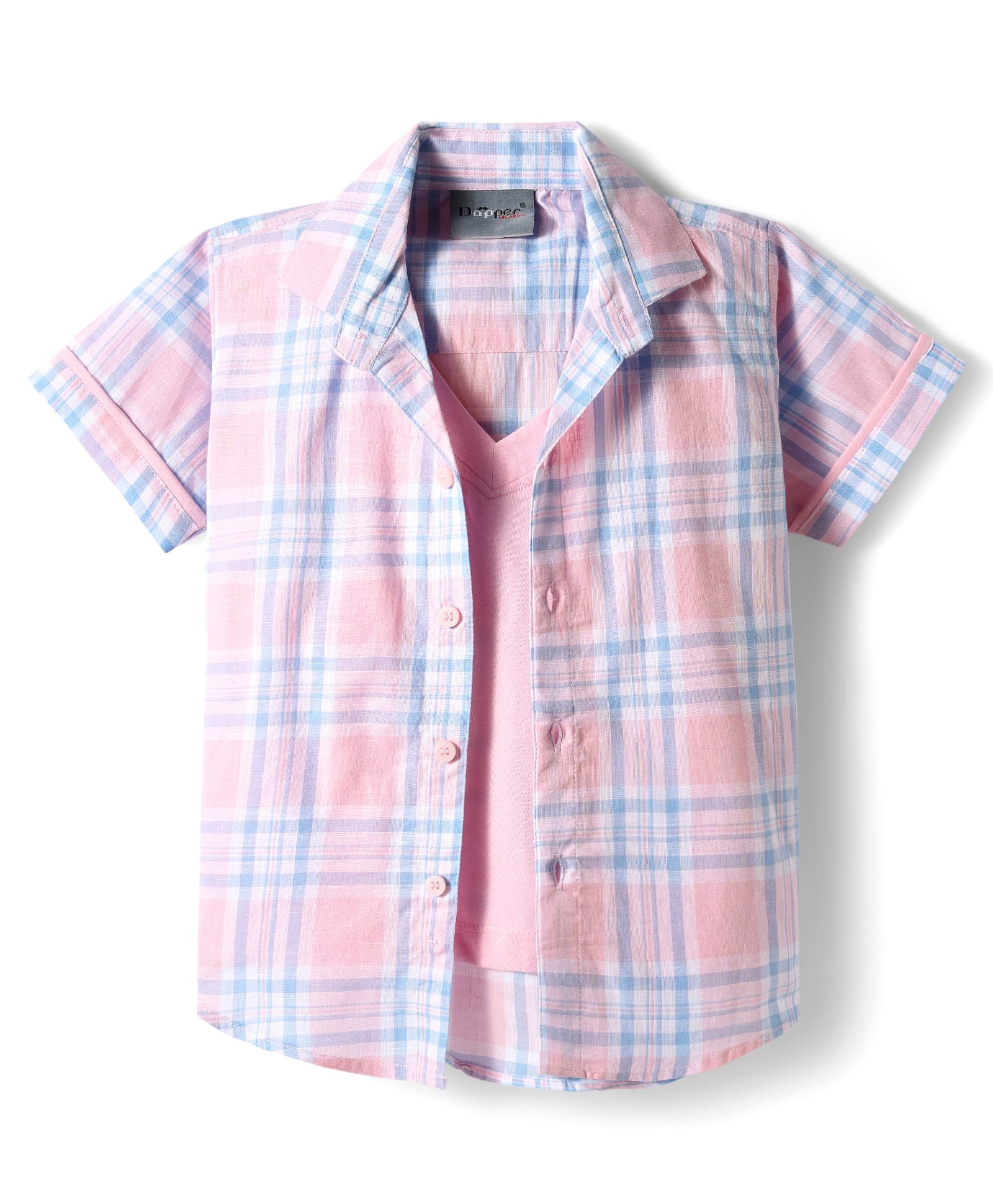 Dapper Dudes Half Sleeves Checked Shirt With Attached Tee - Pink-image-25