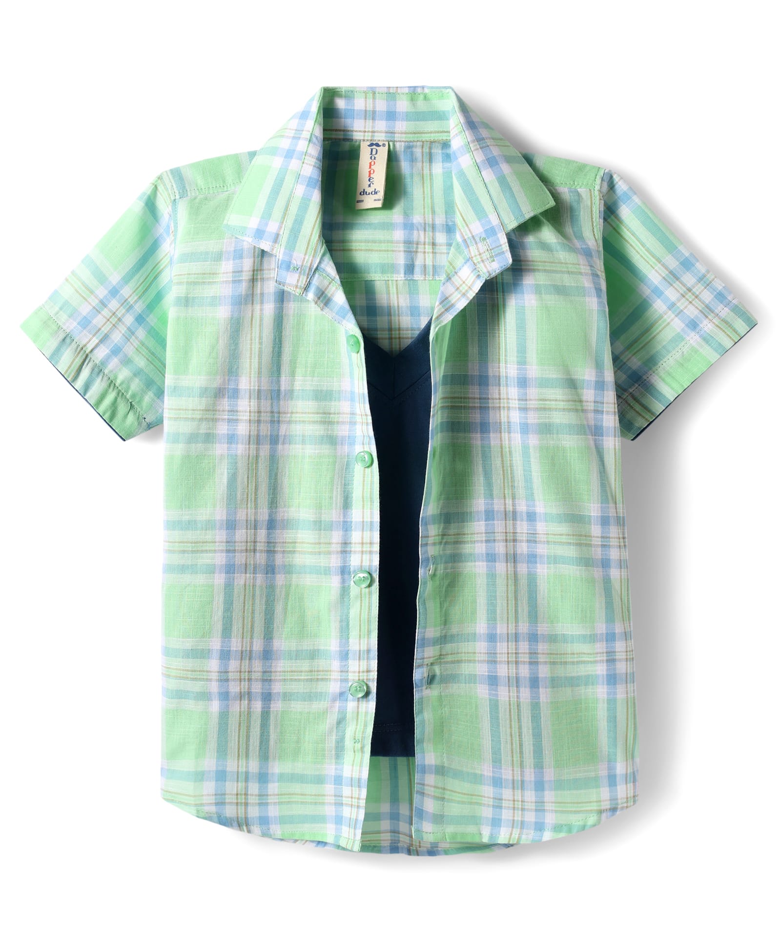 Dapper Dudes Half Sleeves Checked Shirt With Attached Tee - Green-picture-13