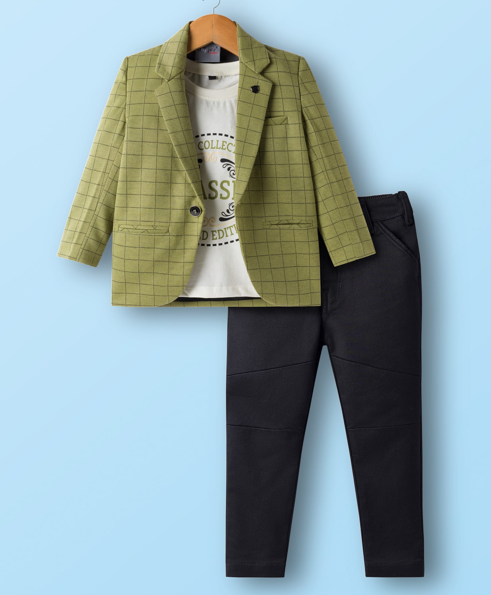 Dapper Dudes Full Sleeves Checked Blazer With Tee & Pant Set - Olive Green-image-27