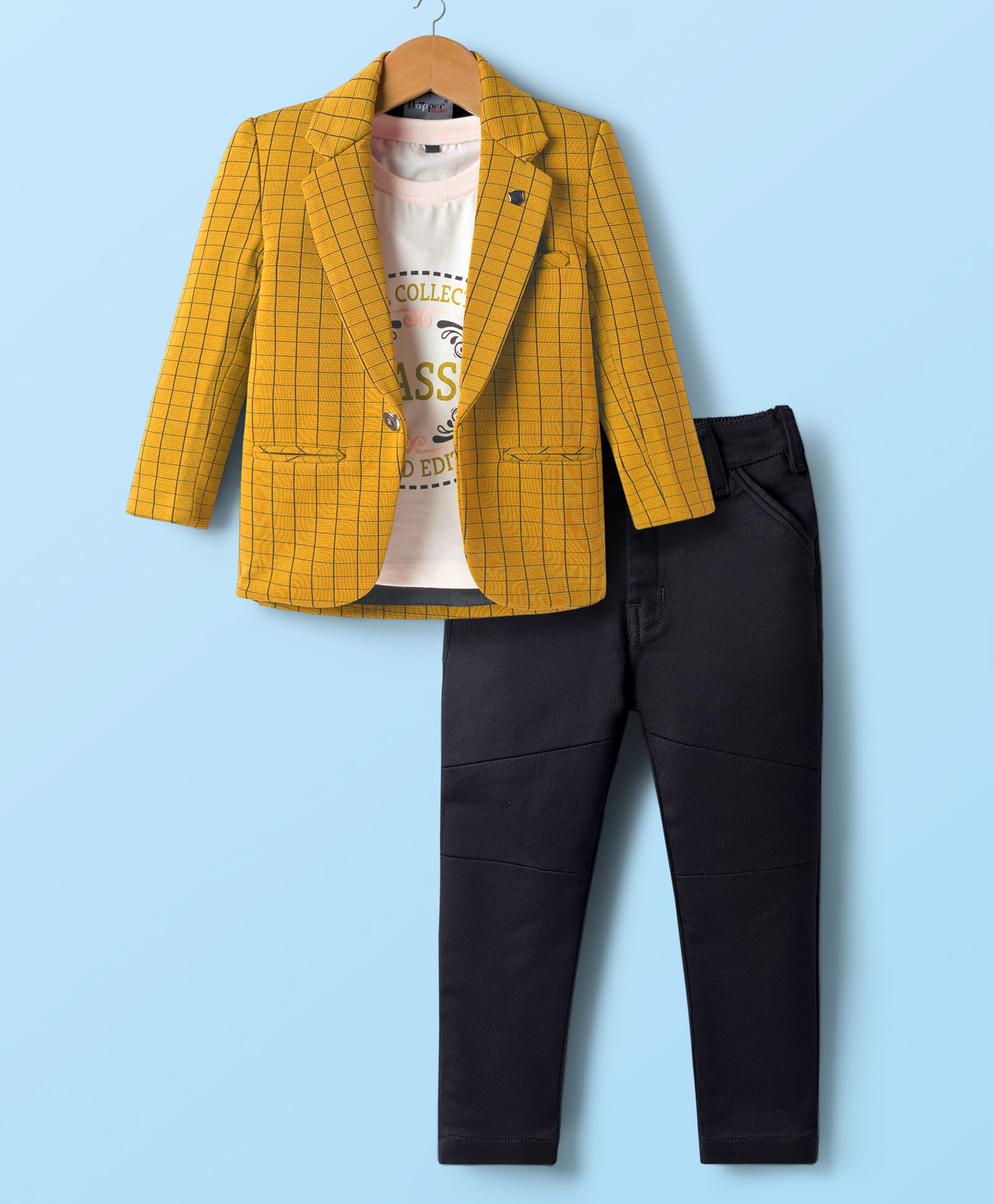 Dapper Dudes Full Sleeves Checked Blazer With Tee & Pant Set - Mustard-image-34