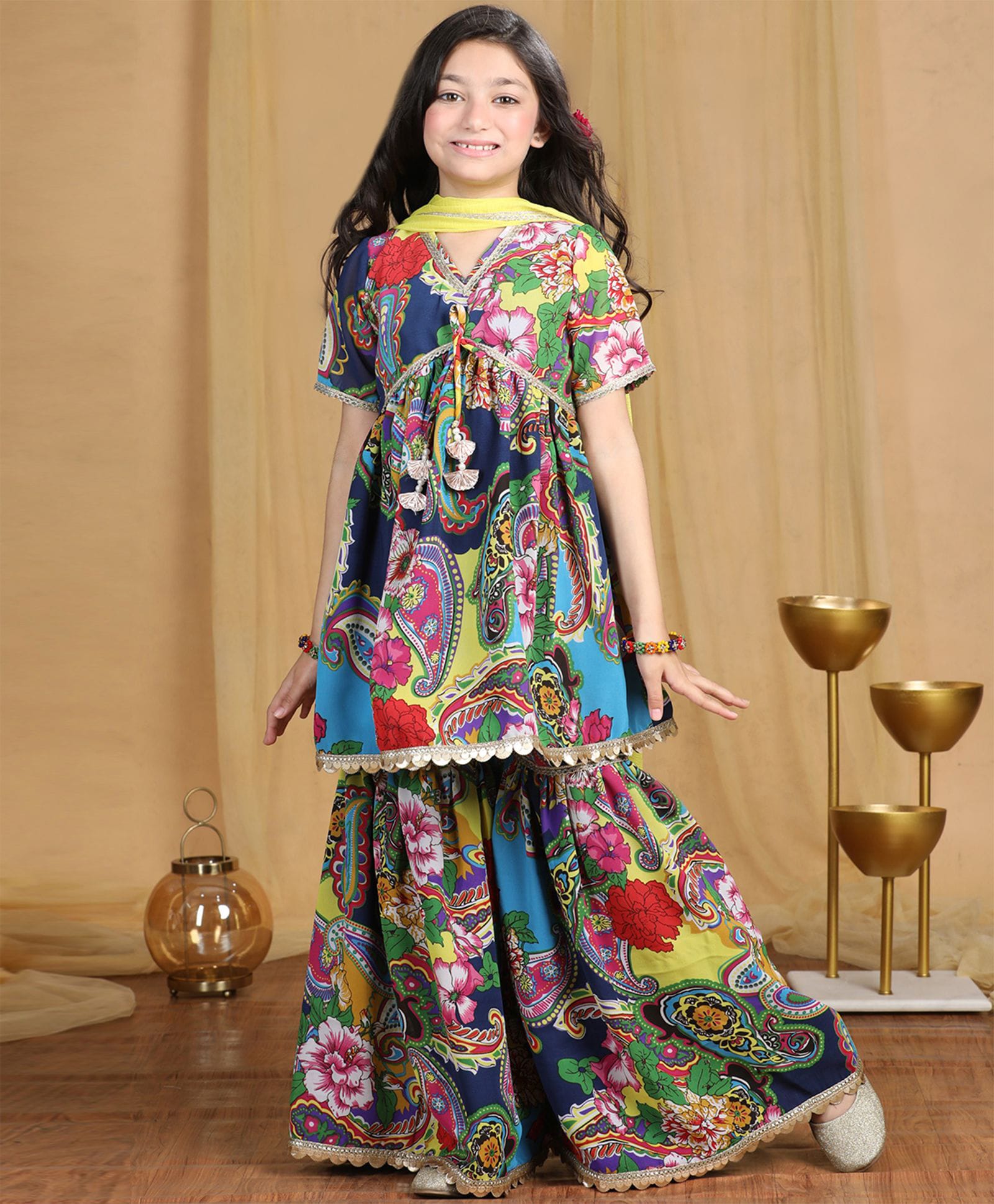 Cutiekins Georgette Woven Half Sleeves Paisley Printed Lace Embellished Kurti & Sharara With Dupatta Set - Navy Blue & Multi Colour-picture-23