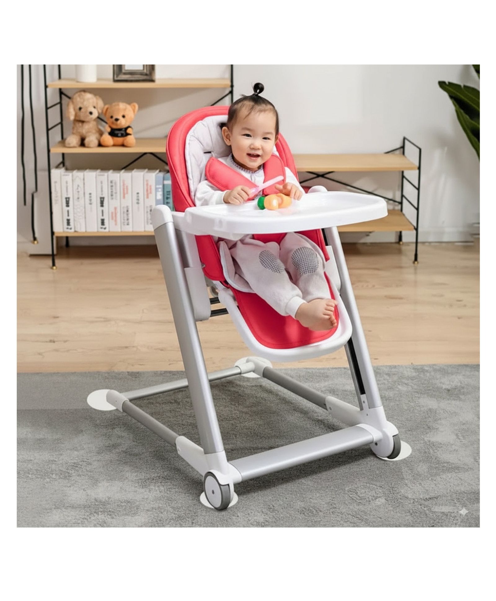 StarAndDaisy Baby High Chair, Infants Booster Seat with Wheels, Multi Functional Kids High Chair with Detachable Food Tray & Adjustable Height with 5 Point Safety Belt-Pink-image-16