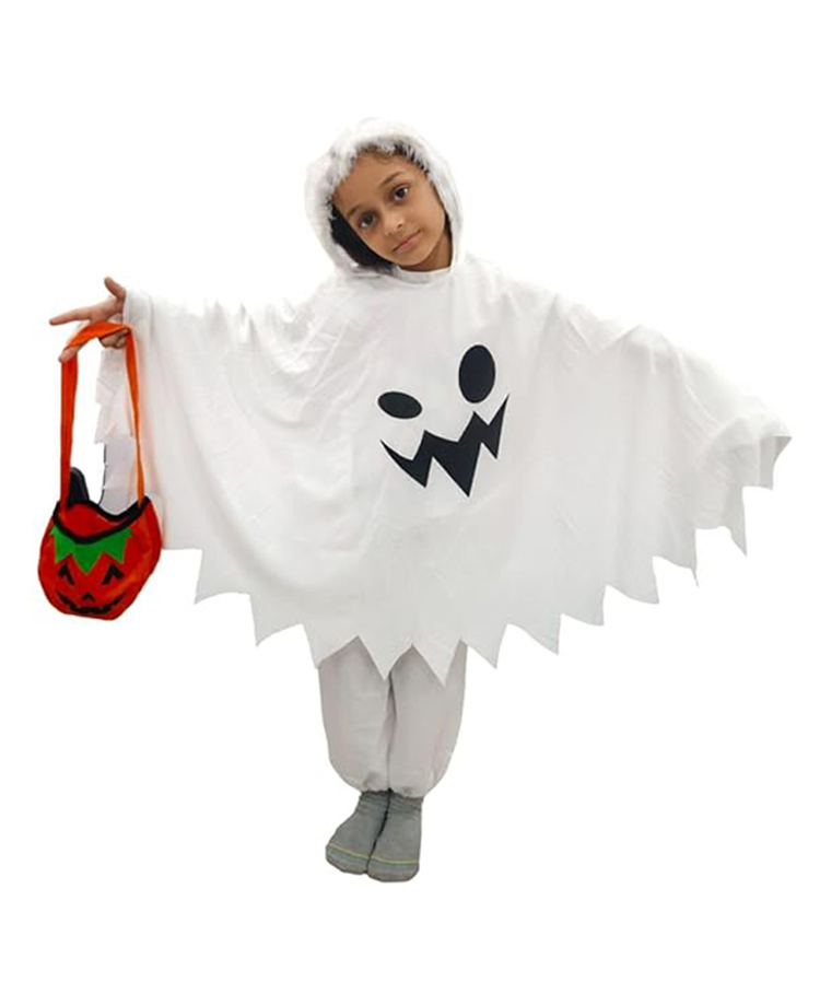 BookMyCostume Woven Halloween Theme Batwing Sleeves Hooded Poncho Style Ghost Costume With Pumpkin Basket Set - White & Orange