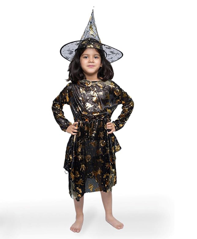 BookMyCostume Woven Halloween Theme Full Sleeves Witch Costume With Hat Set - Black & Golden-image-5