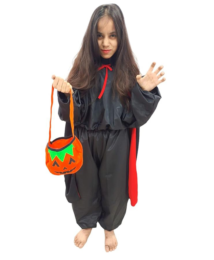 BookMyCostume Woven Halloween Theme Full Sleeves Vampire Costume With Pumpkin Basket & Cape Set - Black Red & Orange