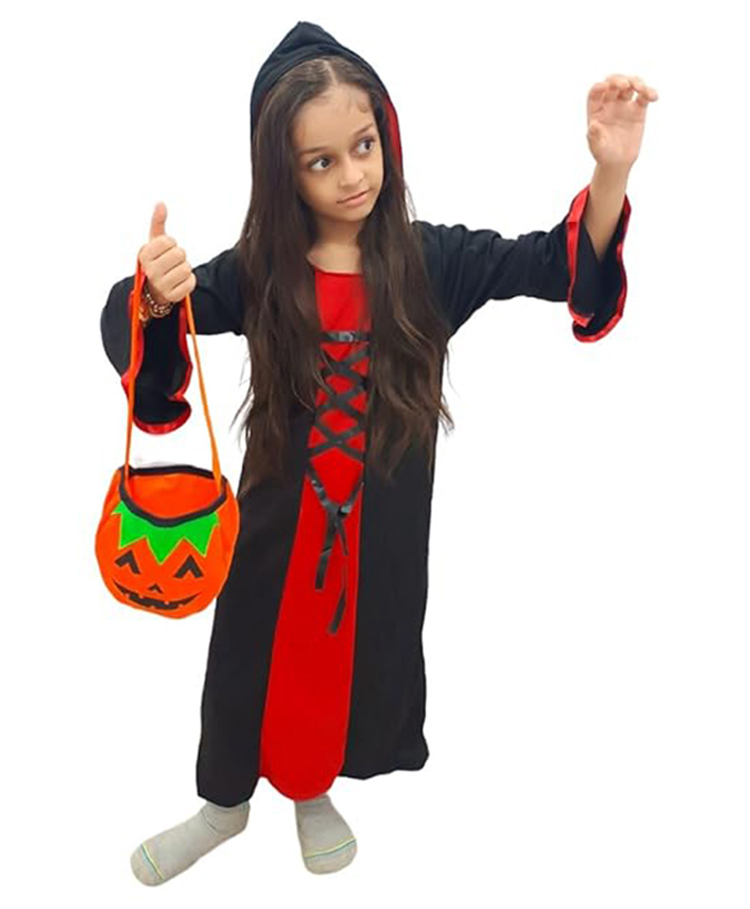 BookMyCostume Full Sleeves Hooded Witch Costume With Spooky Pumpkin Basket - Black Red & Orange