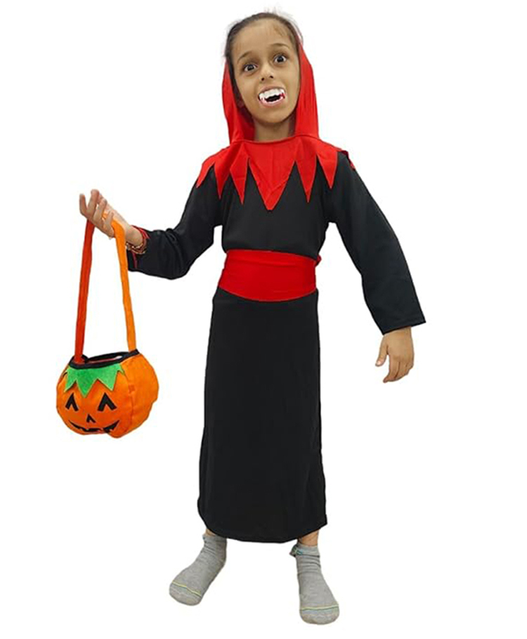 BookMyCostume Halloween Theme Full Sleeves Hooded Vampire Costume With Spooky Pumpkin Basket & Vampire Teeth - Black Red & Orange-image-24