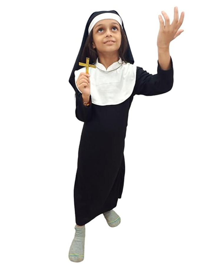 BookMyCostume Halloween Theme Full Sleeves Nun Costume With Cross - Black & White-picture-14
