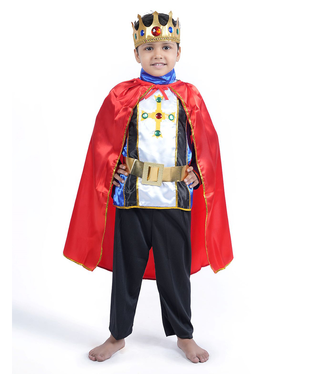 BookMyCostume Full Sleeves Medieval Prince King Halloween Costume Set With Crown & Cape - Red Blue & Black-image-27
