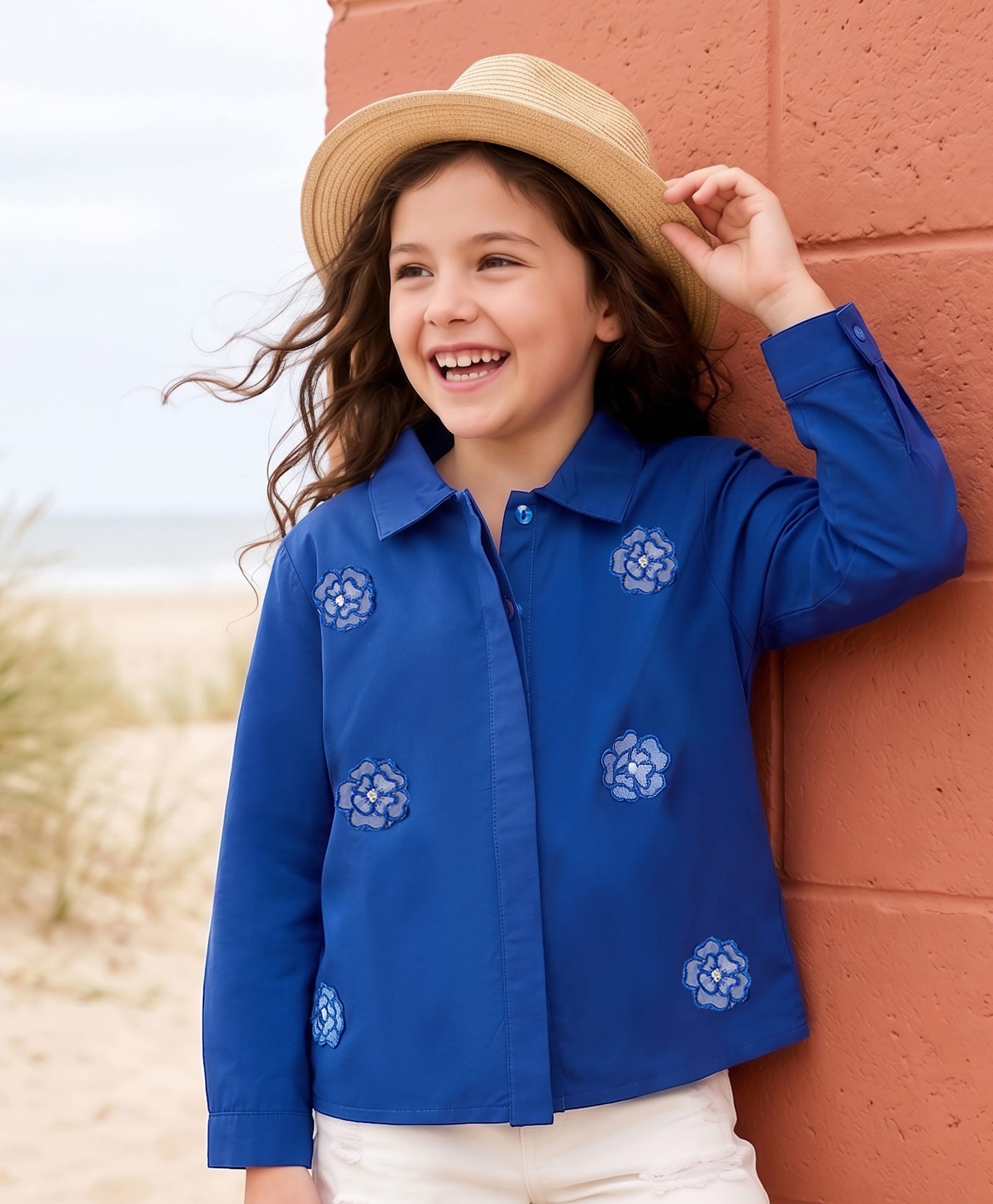 Kookie Kids Cotton Woven Full Sleeves Polo Top With Floral Applique - Navy Blue-image-12