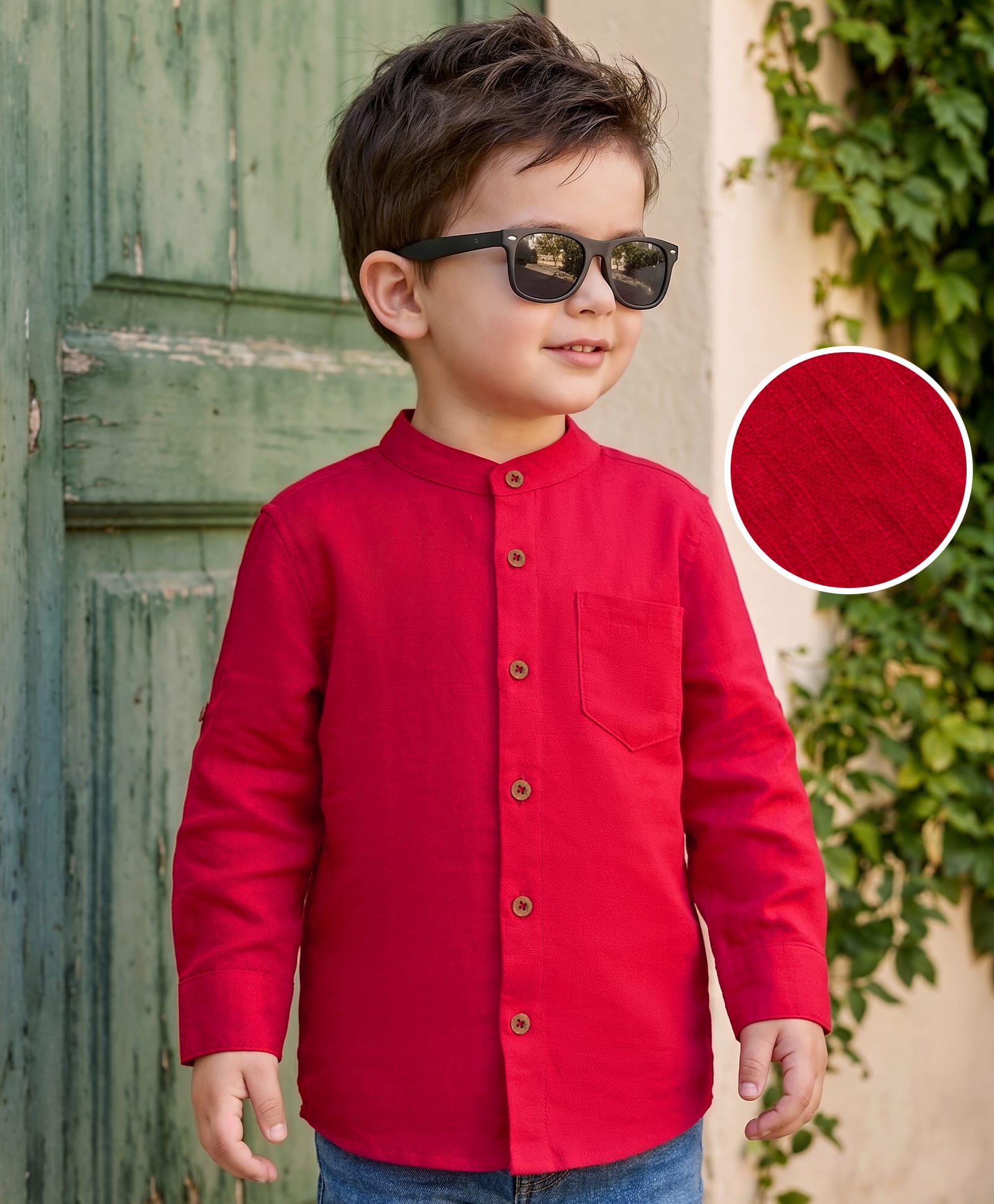 kookie kids india Kookie Kids Woven Full Sleeves Solid Colour Kurta Style Shirt - Red-picture-19