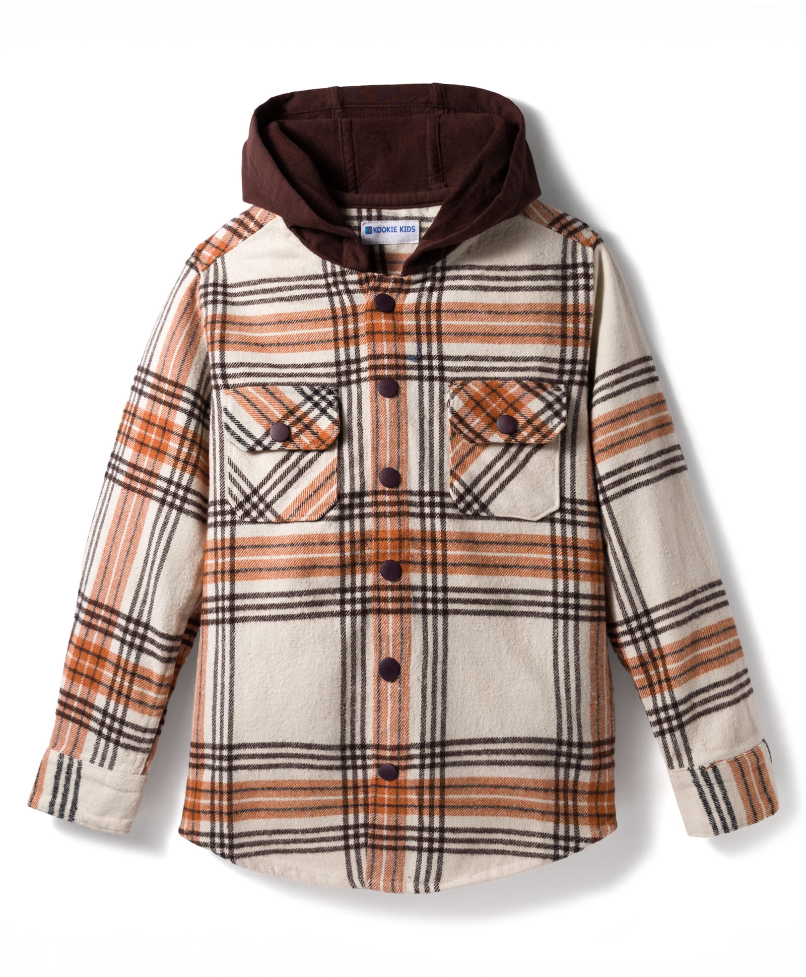 Kookie Kids Woven Full Sleeves Hooded Checked Shacket - Beige & Tan-image-2