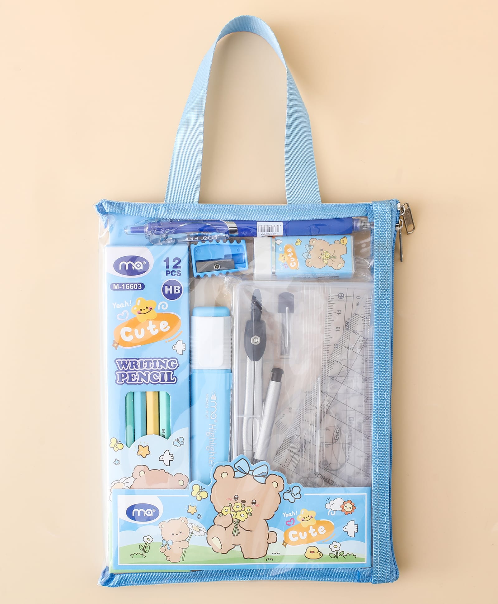 fab n funky Kids Geometry & Stationery Kit with Carry Pouch Blue| Pencil Set, Geometry Tools, Sharpener, Eraser, Pen & Highlighter| Drawing Kit| Pencil Box for Boys & Girls| School Supplies Set-picture-16