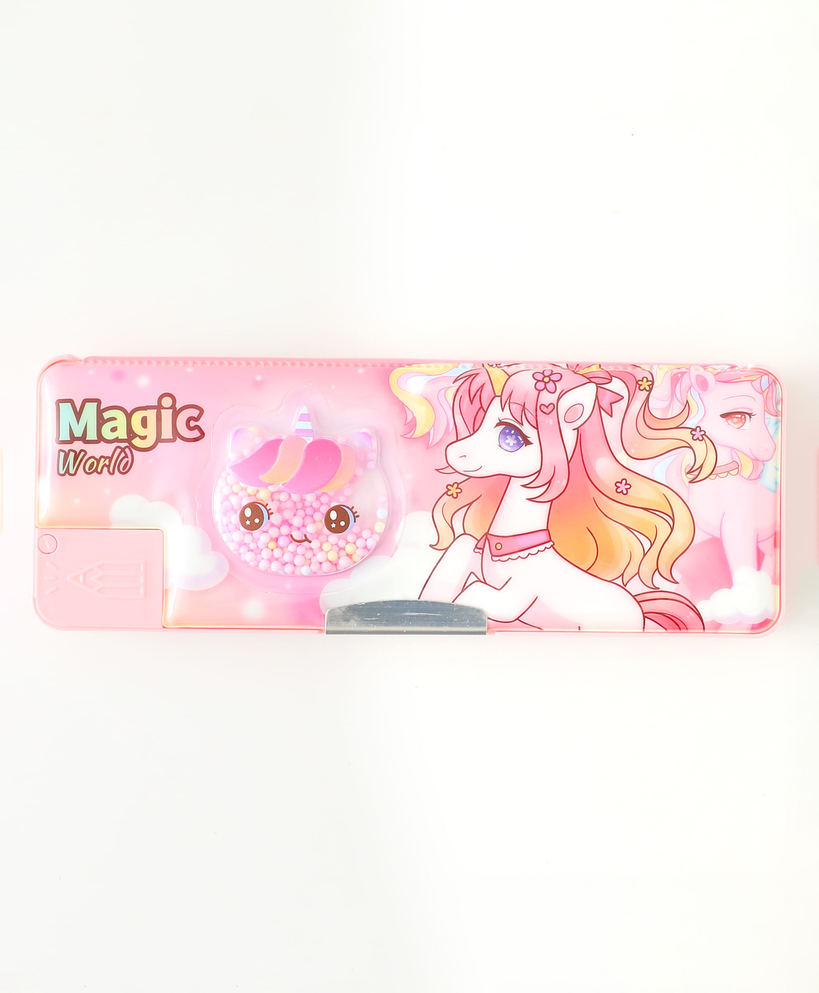 Unicorn Theme Double Sided Magnetic Pencil Box with Premium Hard Case & Multi-Compartment Storage with Built-In Sharpener Easy-Open Lid - Pink