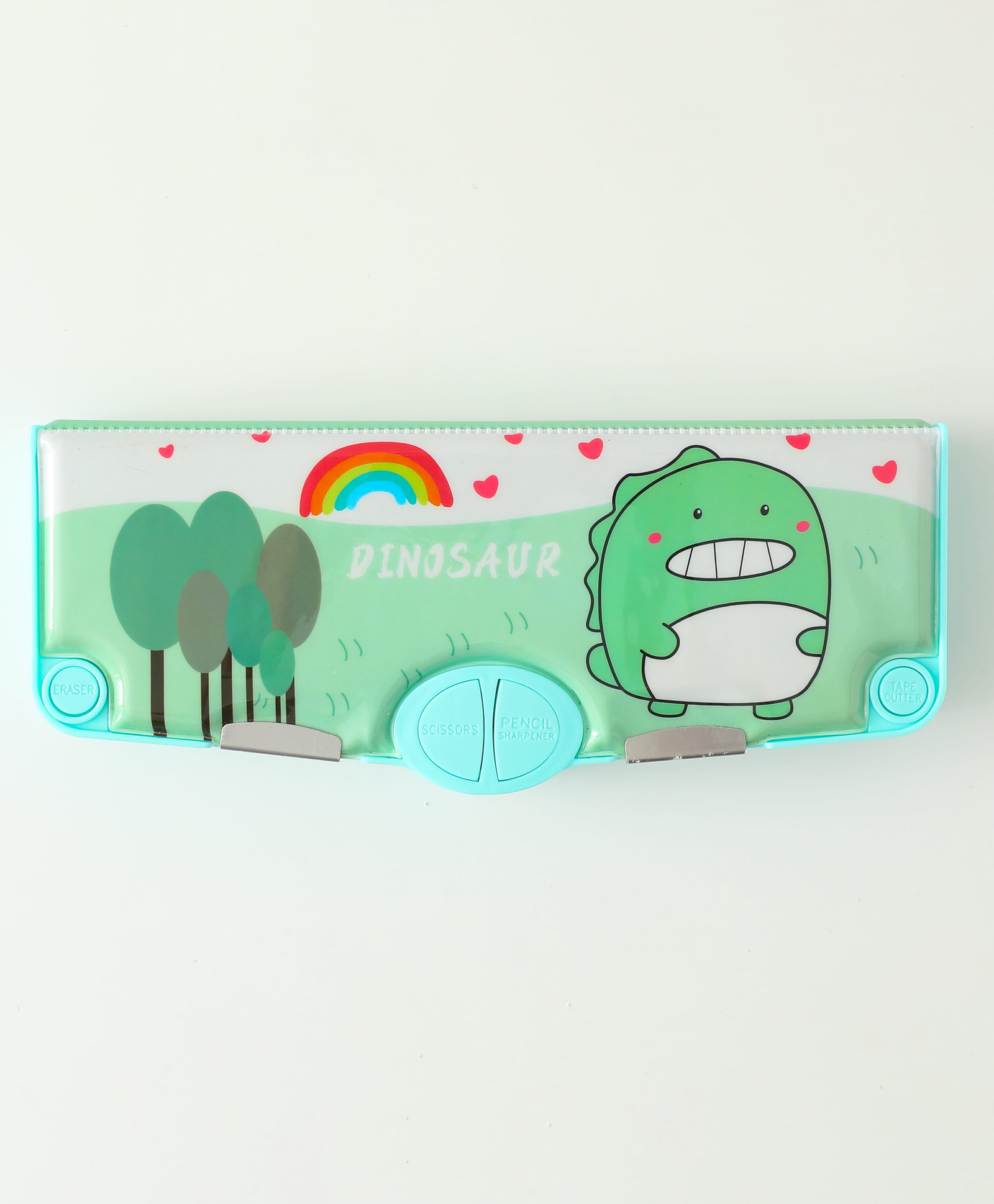 Dino Theme Magnetic Pencil Box with Multiple Compartments & Time Table Card & Wipe & Clean Note Section with Marker & Scissors & Sharpener - Green-image-32