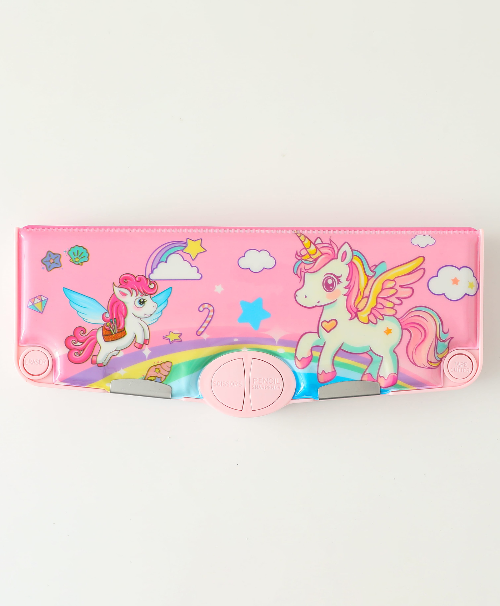 fab n funky Unicorn Theme Magnetic Pencil Box with Multiple Compartments & Time Table Card & Wipe & Clean Note Section with Marker & Scissors & Sharpener - Pink-picture-17