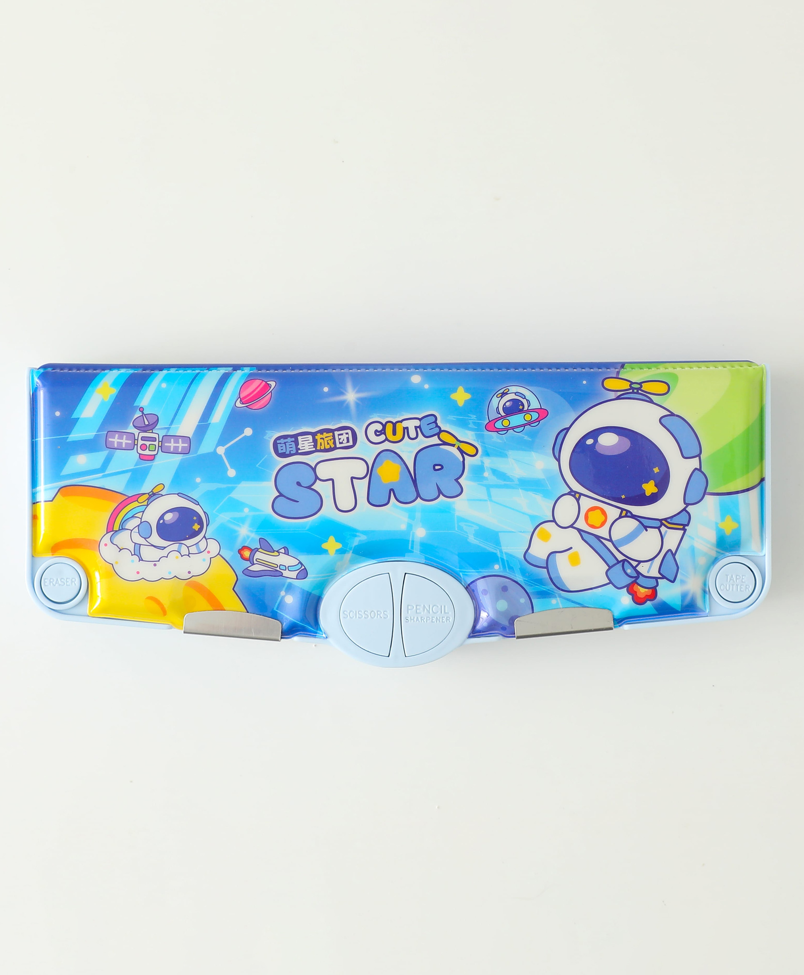 fab n funky Astronaut Theme Magnetic Pencil Box with Multiple Compartments & Time Table Card with Wipe & Clean Note Section with Marker Scissors & Sharpener - Blue-picture-15
