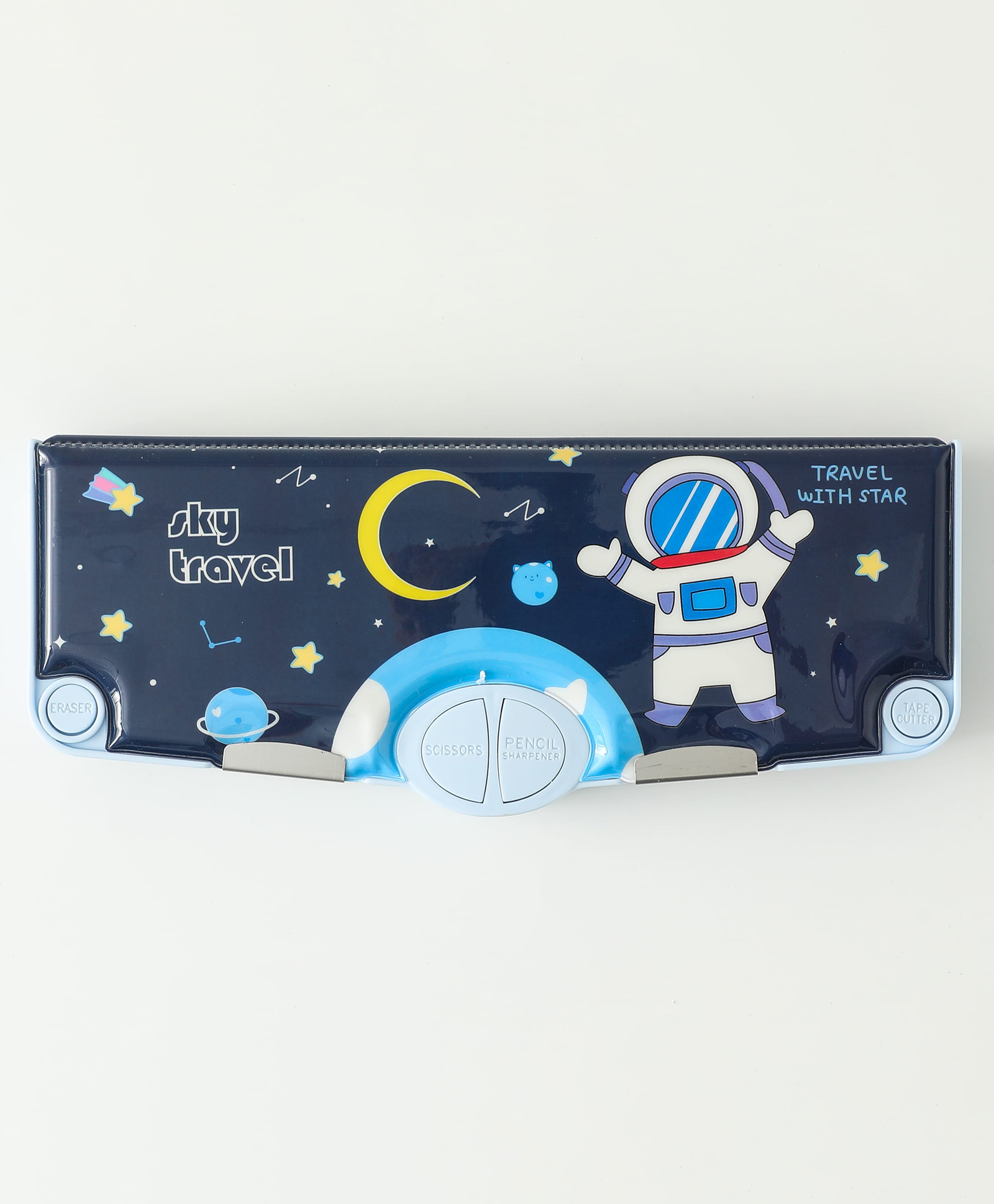 Astronaut Theme Magnetic Pencil Box with Multiple Compartments & Time Table Card with Wipe & Clean Note Section with Marker Scissors & Sharpener - Blue