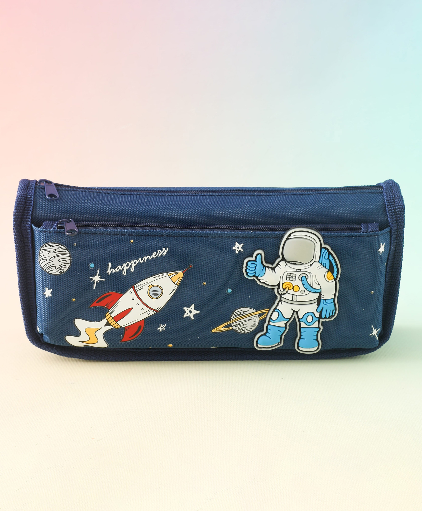 Space Theme Pencil Case for Kids Navy Blue| PU + EVA School Pencil Pouch with Front Pocket | Durable Stationery Organizer for Boys & Girls-image-44
