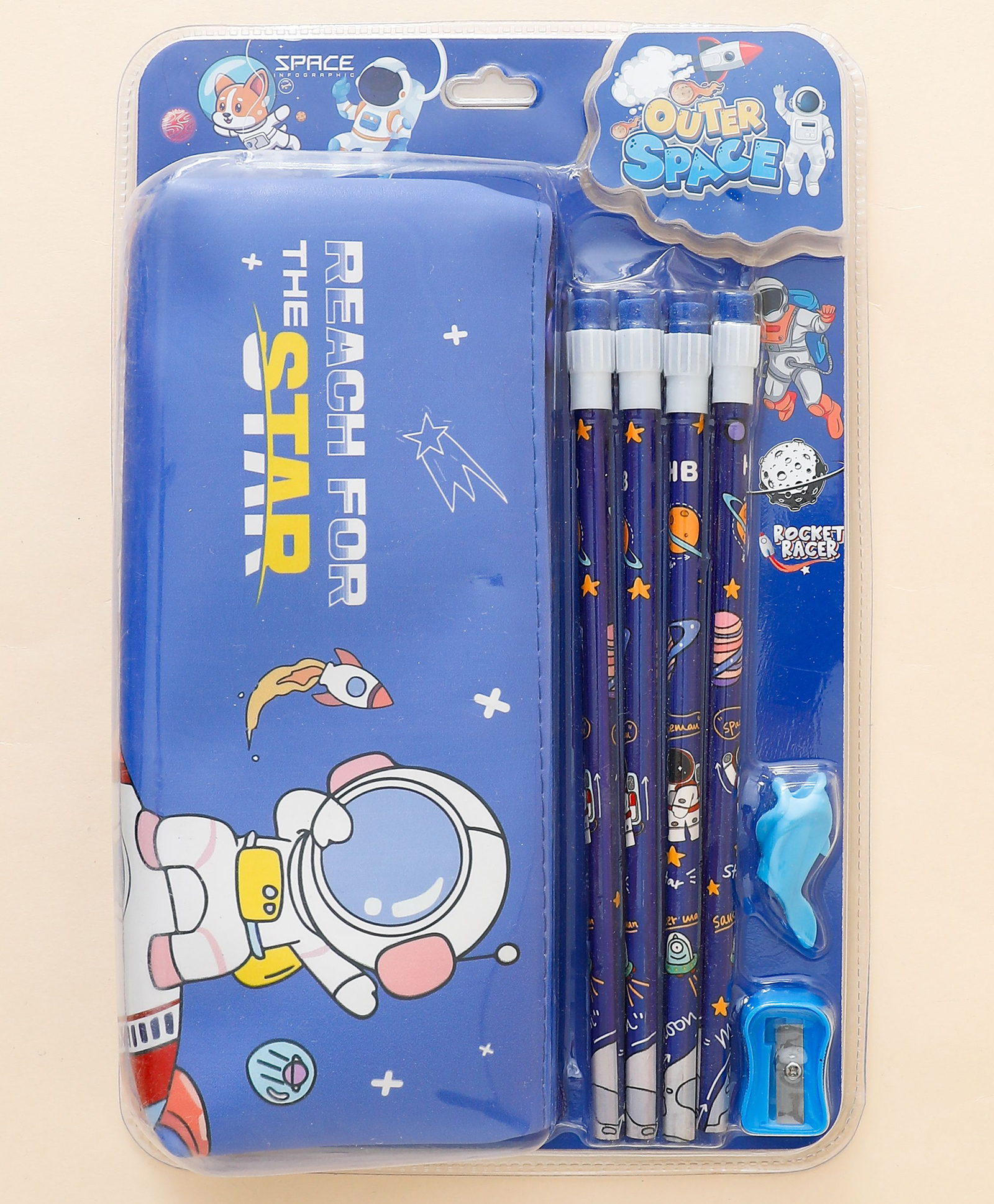 fab n funky Space Pencil Box with Stationery Set for Kids - Blue| 4 Pencils, Pencil Grip & Sharpener | School Writing Kit for Boys & Girls-picture-36