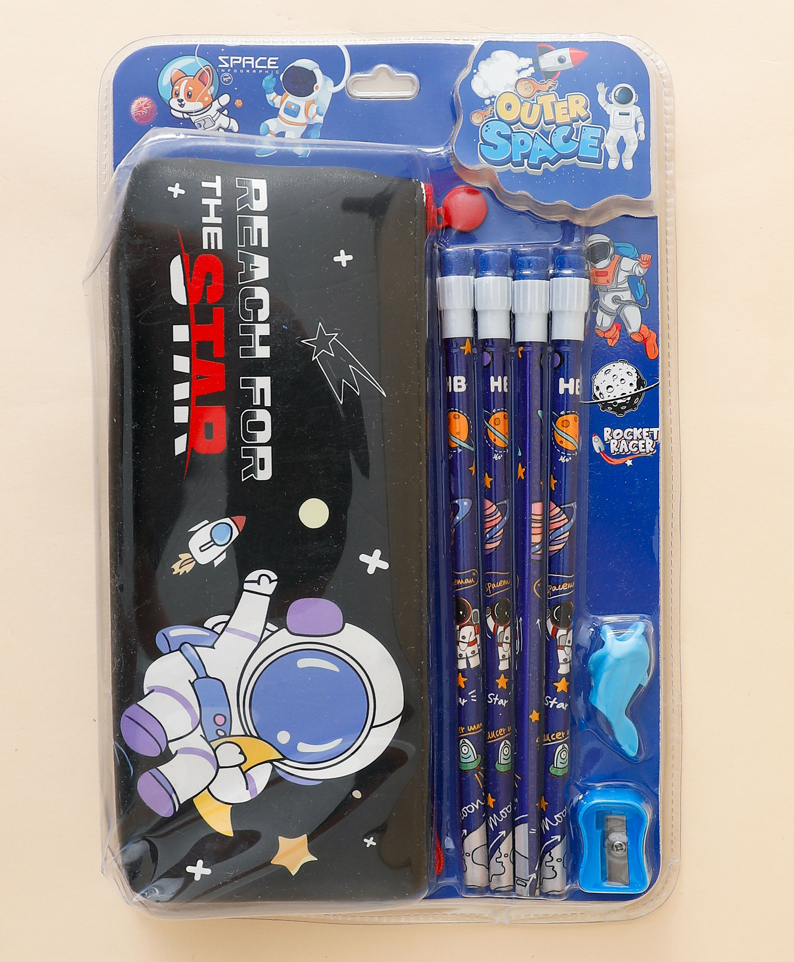 Outer Space Pencil Box with Stationery Set for Kids - Black| 4 Pencils, Pencil Grip & Sharpener | School Writing Kit for Boys & Girls-image-1