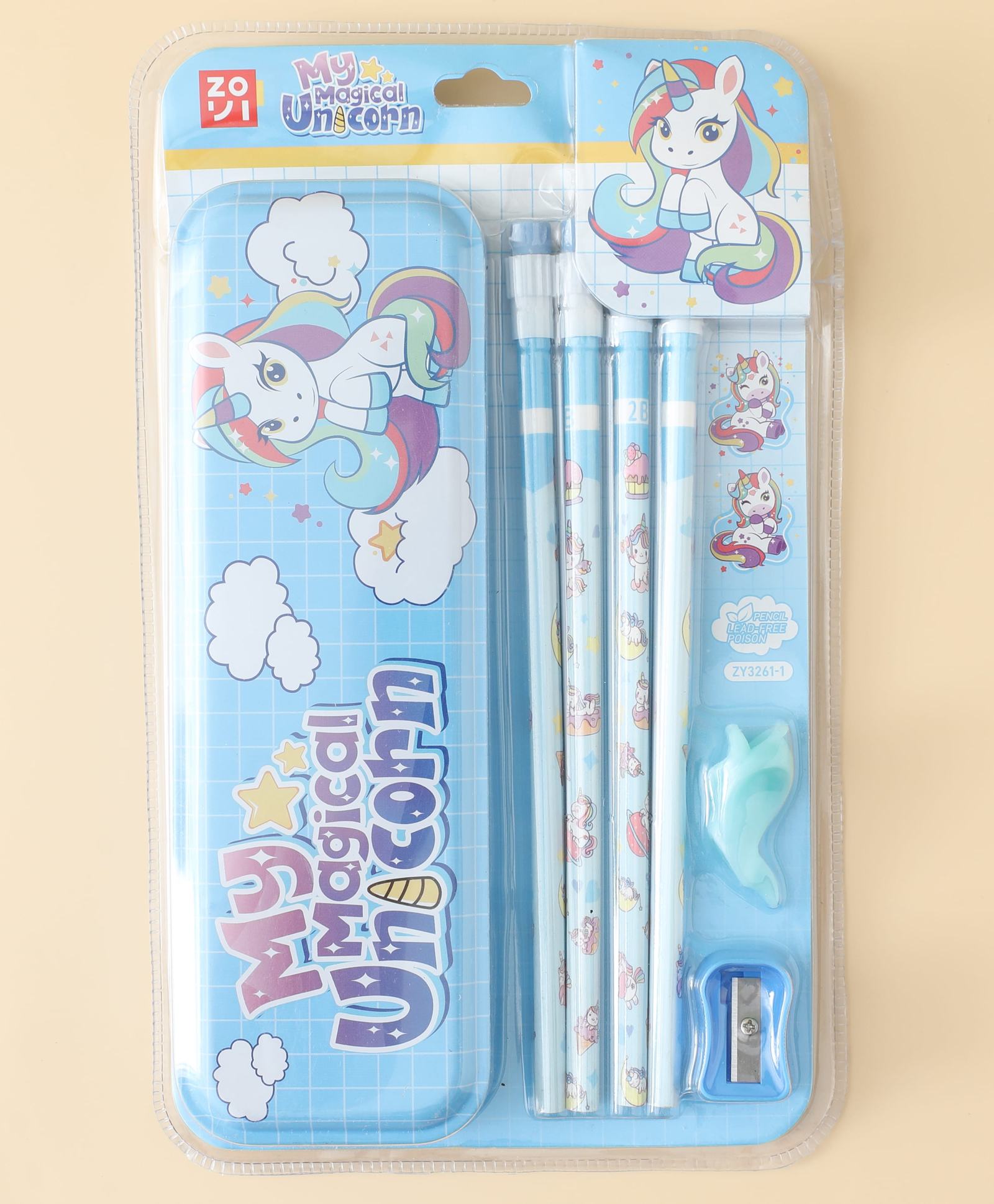 Unicorn Pencil Box with Stationery Set for Kids Blue| Pencil Box with 4 Pencils, Sharpener & Grip| School Supplies for Boys & Girls| Durable Metal Case
