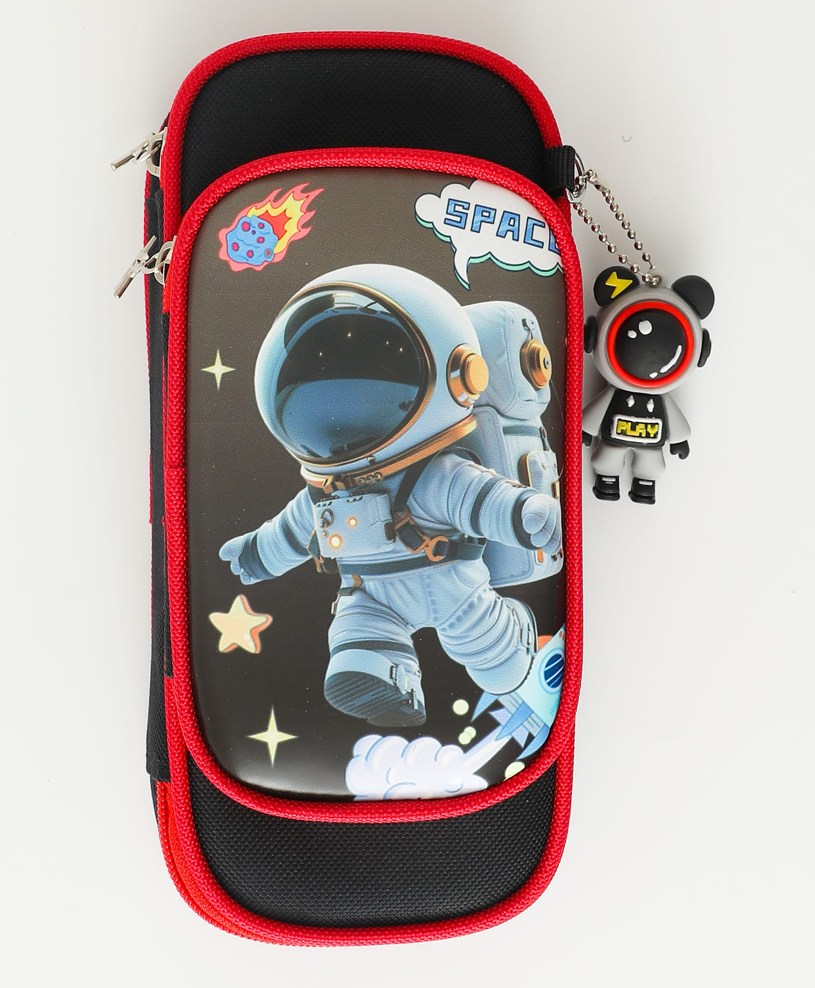 Space Theme Pencil Pouch with Attached Astronaut Figure & Spacious Storage Multiple Compartments - Black-image-35