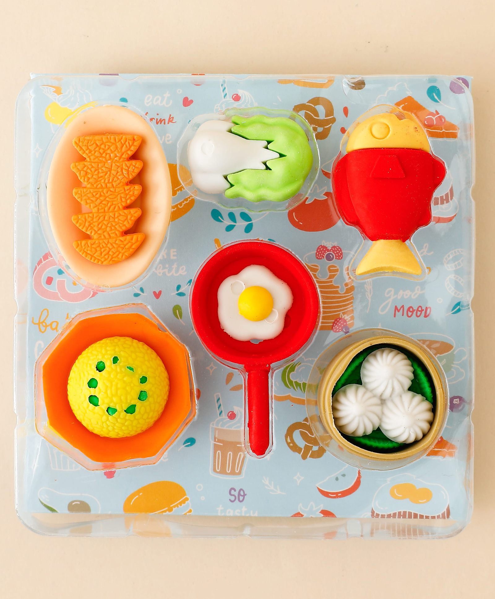 Break Fast Theme Erasers for Kids Pack of 6 Multicolor| Corn, Fried Egg, Dim Sum, Veggies Shaped Soft Erasers for School Boys & Girls-image-2