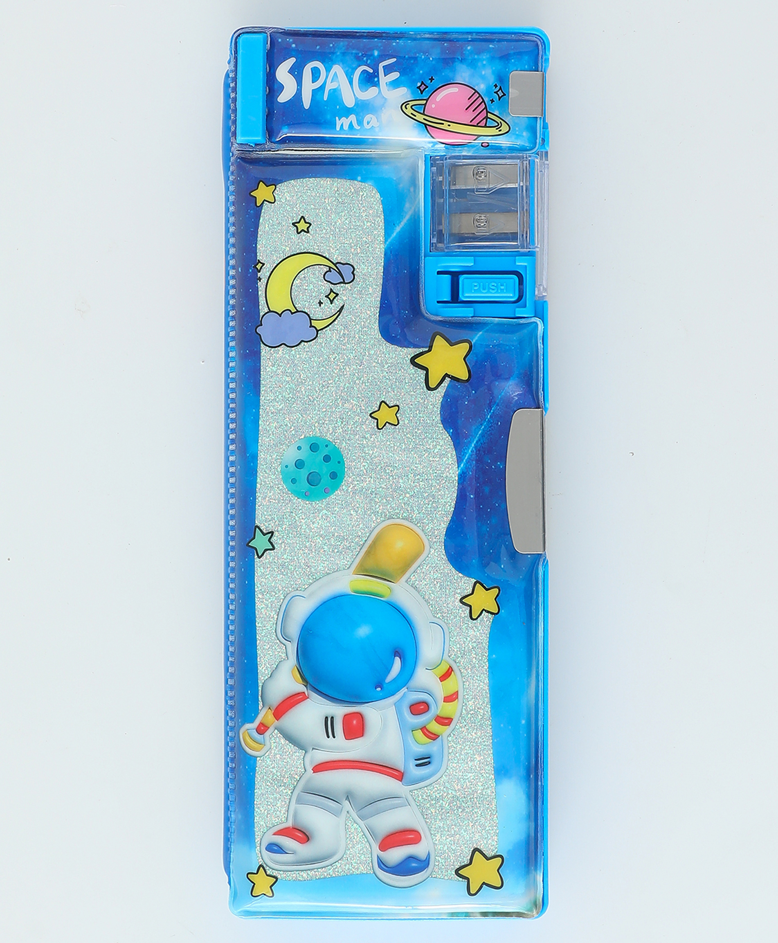 fab n funky Space Man Galaxy Magnetic Pencil Box for Kids Blue| Durable Hard Case| Dual Sharpeners| Double Compartments| Stationery Organizer for School Boys & Girls-picture-21