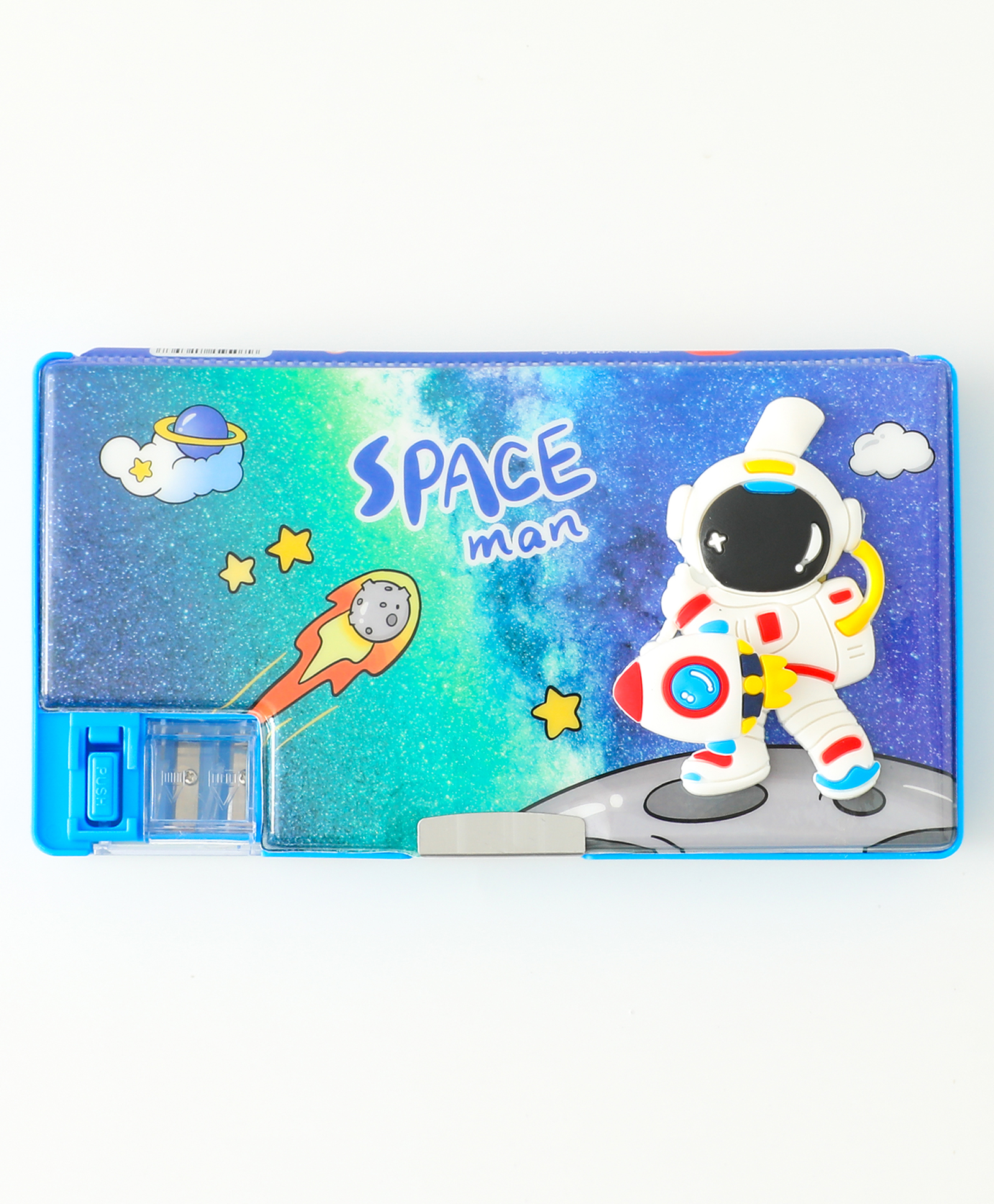 fab n funky Space Man Galaxy Magnetic Pencil Box for Kids Blue| Durable Hard Case| Dual Sharpeners| Double Compartments | Stationery Organizer for School Boys & Girls-picture-13